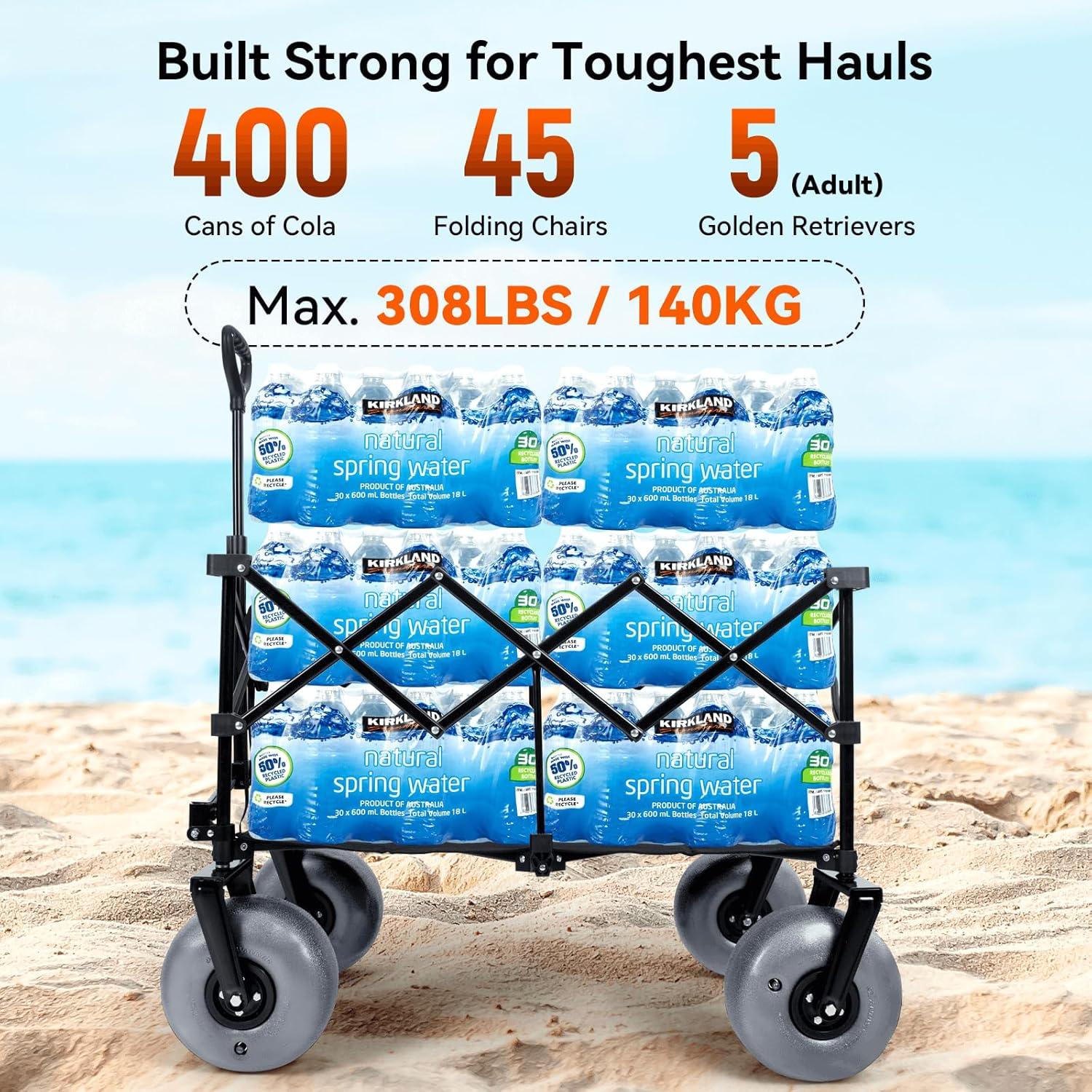 imageHikenture Beach Wagon with Balloon Wheels 9quot PU Tires Collapsible Wagon 308lbs Heavy Duty Beach Cart with Big Wheels for Sand Large Capacity Utility Wagons Carts Foldable Grey Wheels