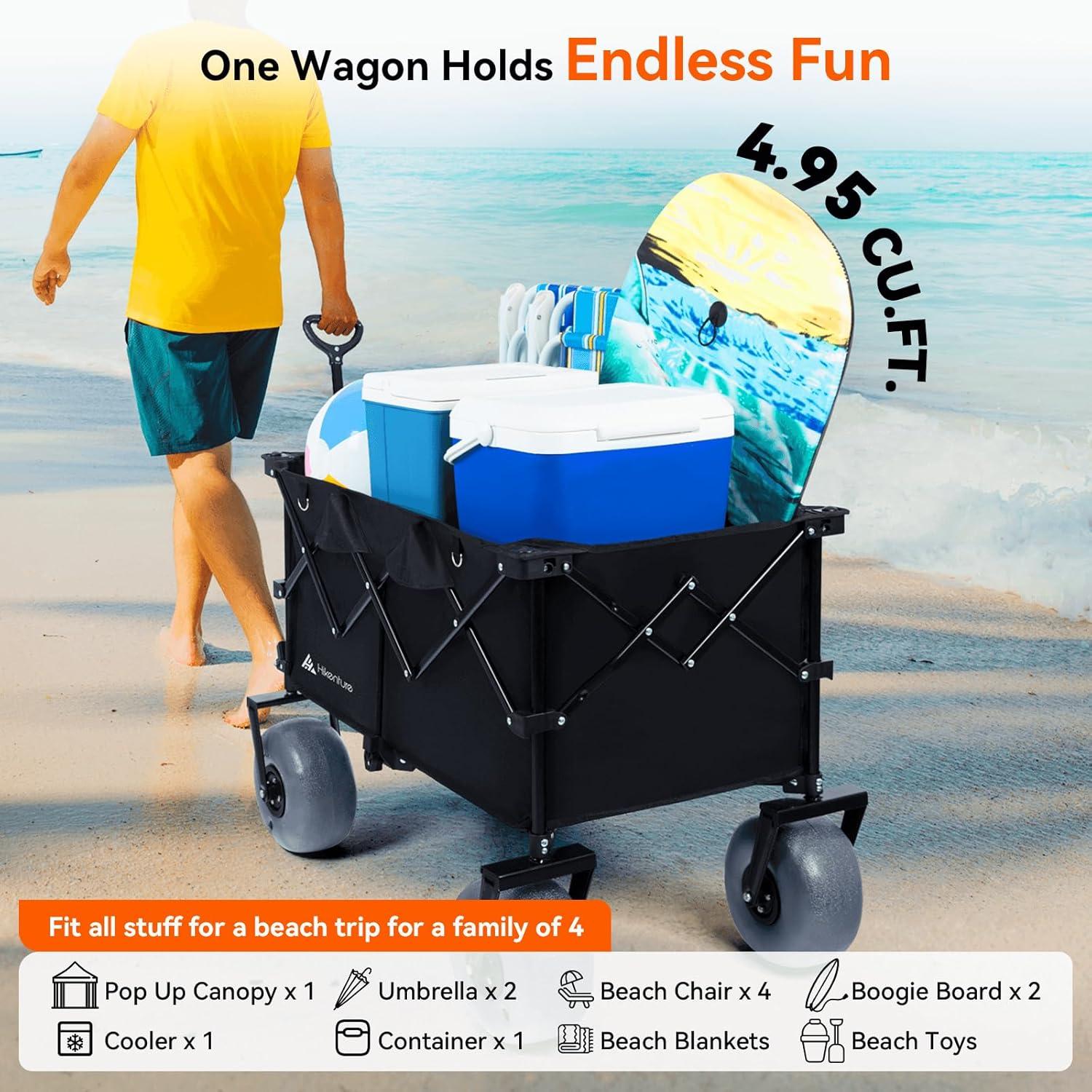 imageHikenture Beach Wagon with Balloon Wheels 9quot PU Tires Collapsible Wagon 308lbs Heavy Duty Beach Cart with Big Wheels for Sand Large Capacity Utility Wagons Carts Foldable Grey Wheels