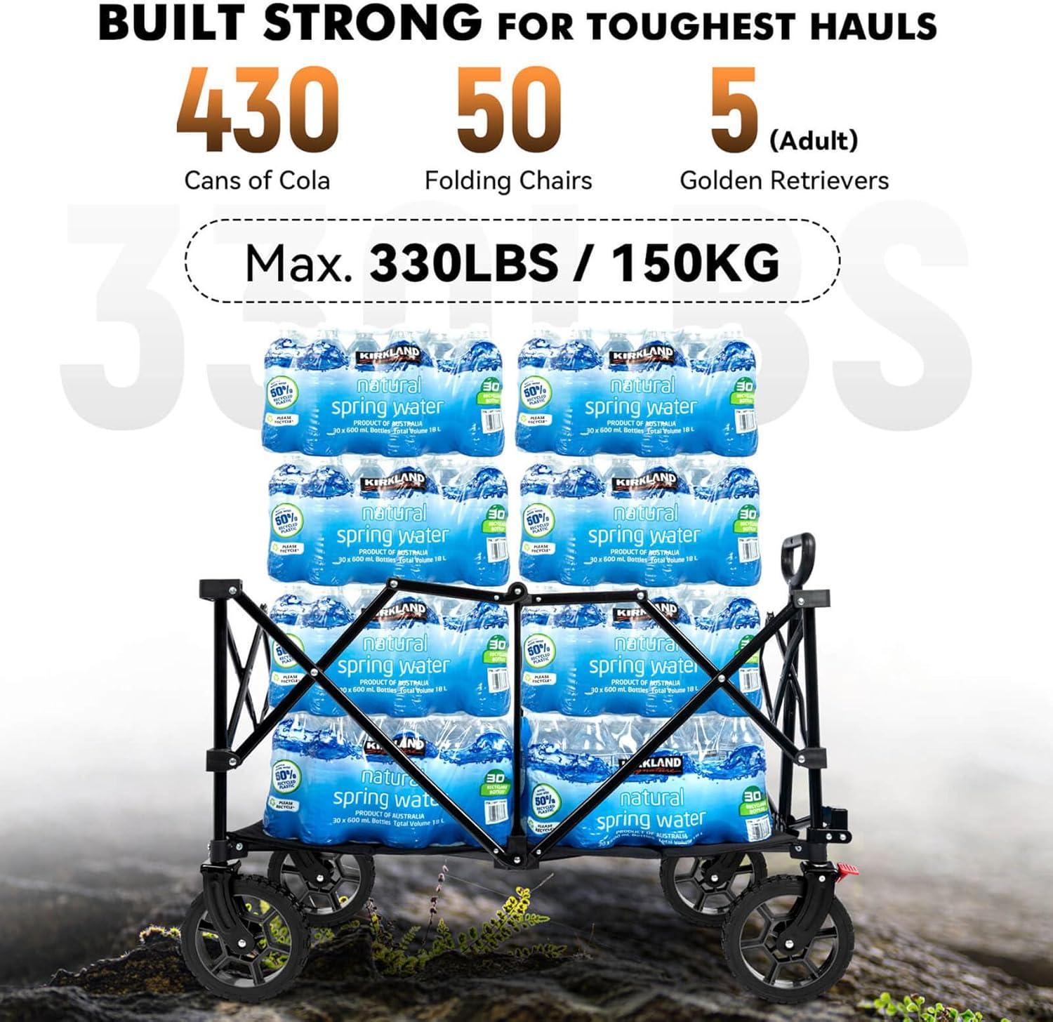 imageHikenture Collapsible Wagon  330LBS Capacity Extra Large Foldable Wagon with AllTerrain Wheels Utility Beach Cart for Outdoor GardenBlack