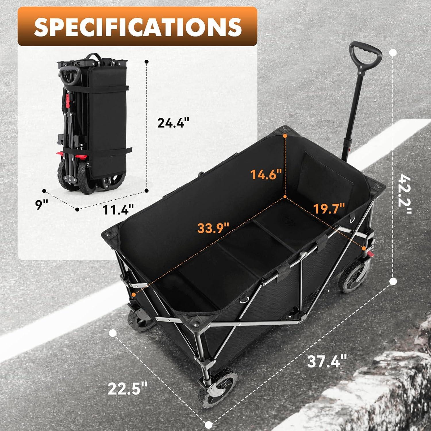 imageHikenture Collapsible Wagon  330LBS Capacity Extra Large Foldable Wagon with AllTerrain Wheels Utility Beach Cart for Outdoor GardenBlack