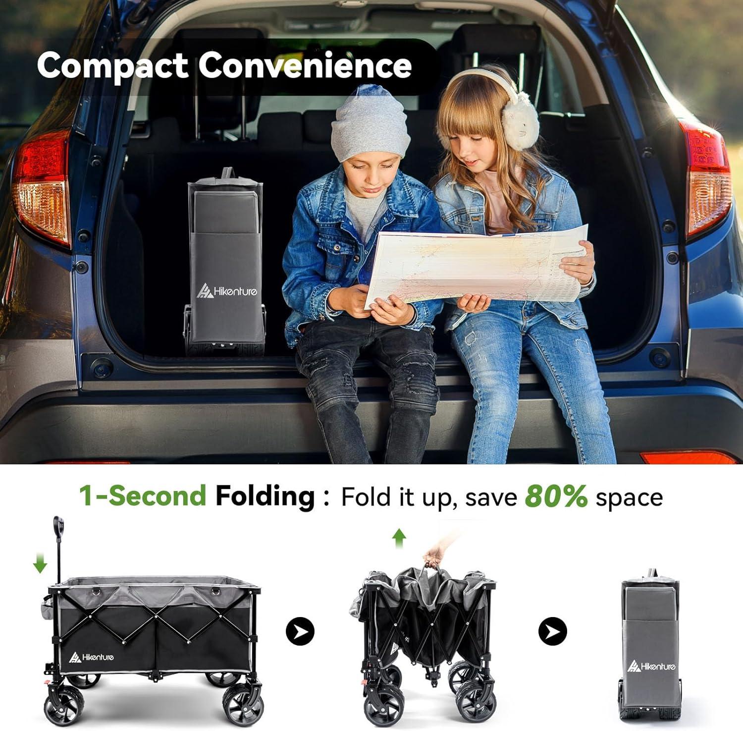 imageHikenture Collapsible Wagon Cart 330lbs Capacity Beach Wagons with Big Wheels for Sand Heavy Duty Foldable Cart with Brakes Portable Utility Folding Garden Cart for OutdoorBlackgrey