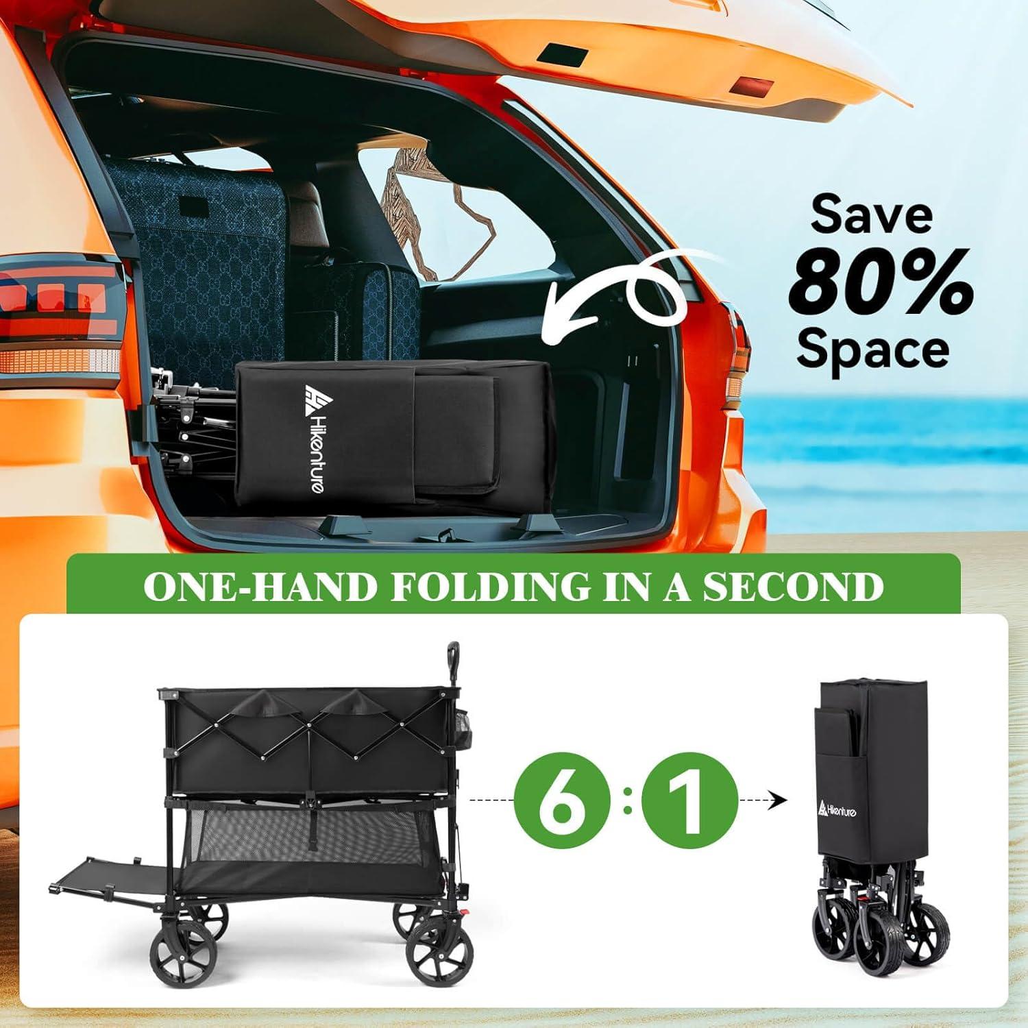 imageHikenture Double Decker Wagon 400L Extra Large Beach Wagon with Big Wheels for Sand 500LBS Heavy Duty Collapsible Cart with Tailgate Utility Carts Foldable for Beach Sports