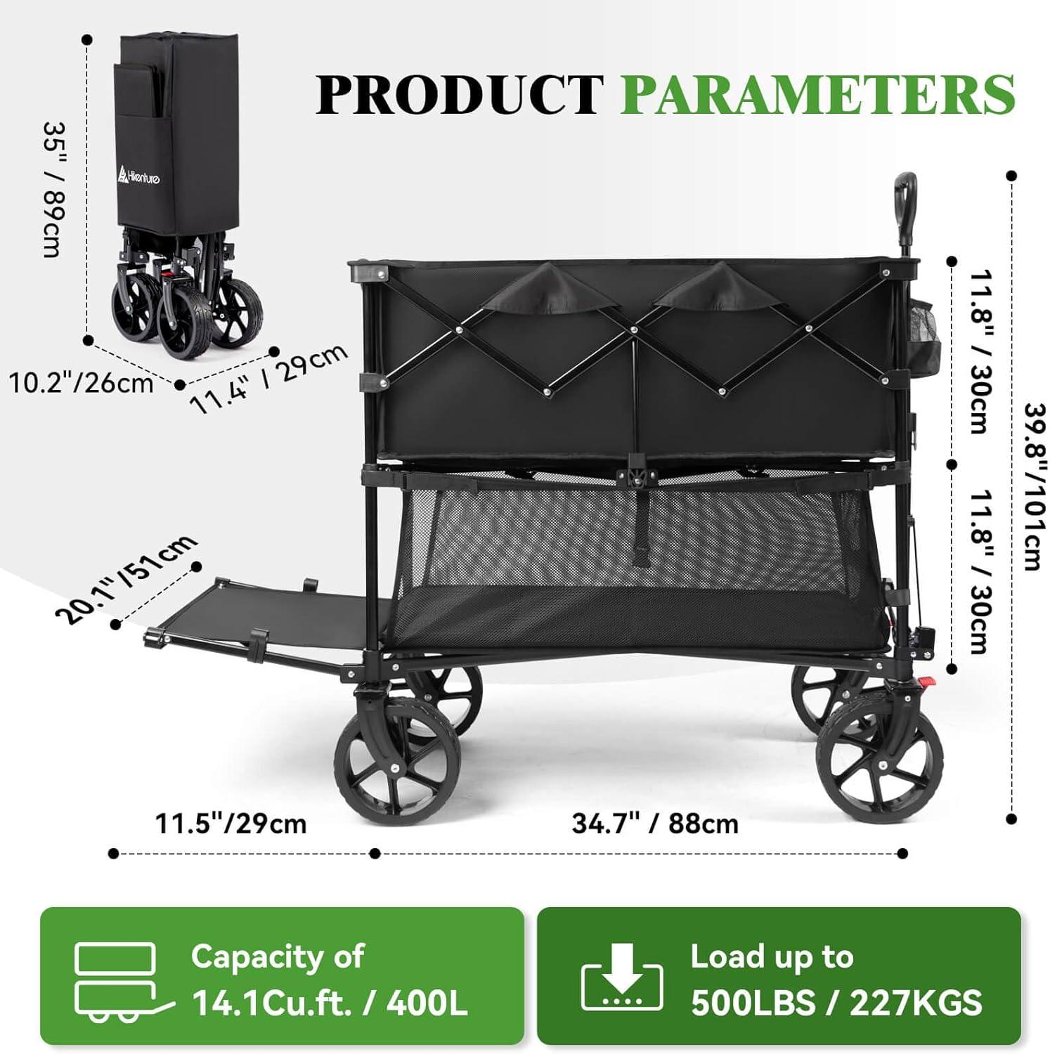 imageHikenture Double Decker Wagon 400L Extra Large Beach Wagon with Big Wheels for Sand 500LBS Heavy Duty Collapsible Cart with Tailgate Utility Carts Foldable for Beach Sports