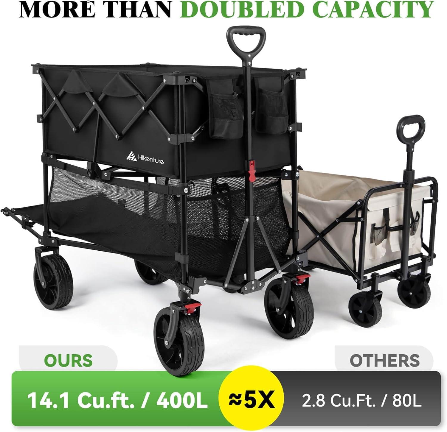imageHikenture Double Decker Wagon 400L Extra Large Beach Wagon with Big Wheels for Sand 500LBS Heavy Duty Collapsible Cart with Tailgate Utility Carts Foldable for Beach Sports
