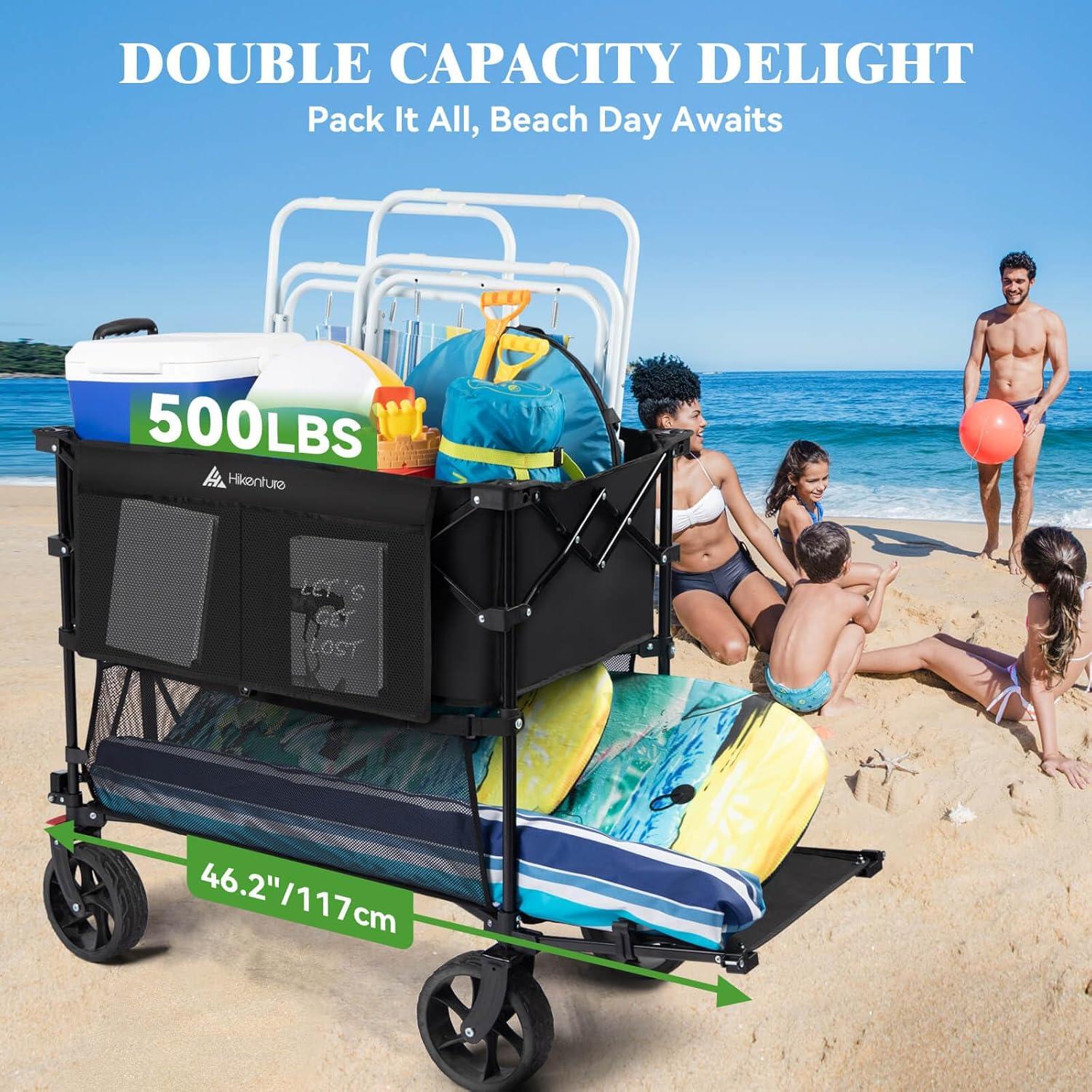 imageHikenture Double Decker Wagon 400L Extra Large Beach Wagon with Big Wheels for Sand 500LBS Heavy Duty Collapsible Cart with Tailgate Utility Carts Foldable for Beach Sports