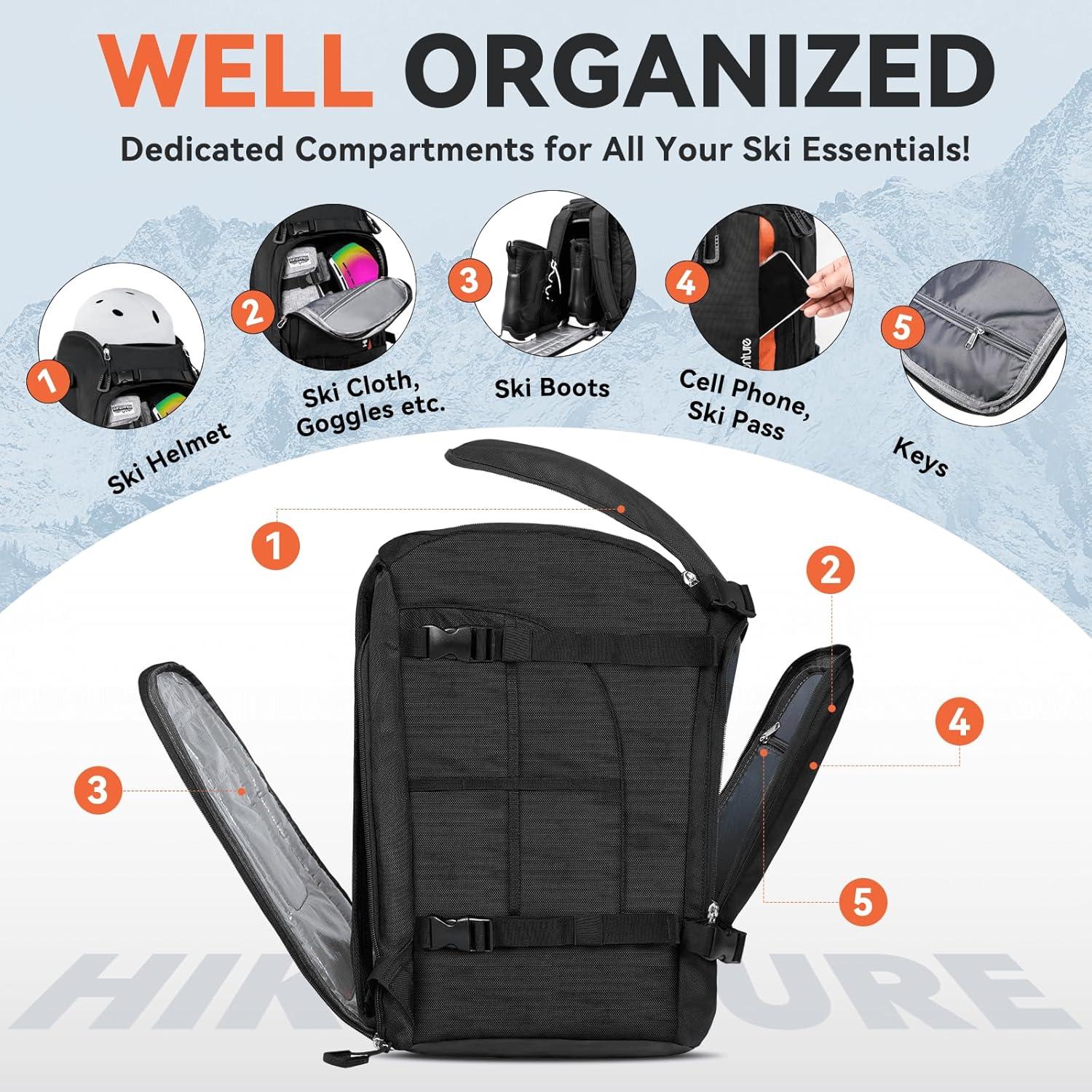 imageHikenture Ski Boot Bag Backpack 50L Padded Ski Bag ampamp Snowboard Boot Bag with Drain Holes Large Capacity WaterResistant Ski Travel Bag for Ski Boots Helmet Goggles Clothes Gloves Snowboard GearOrange