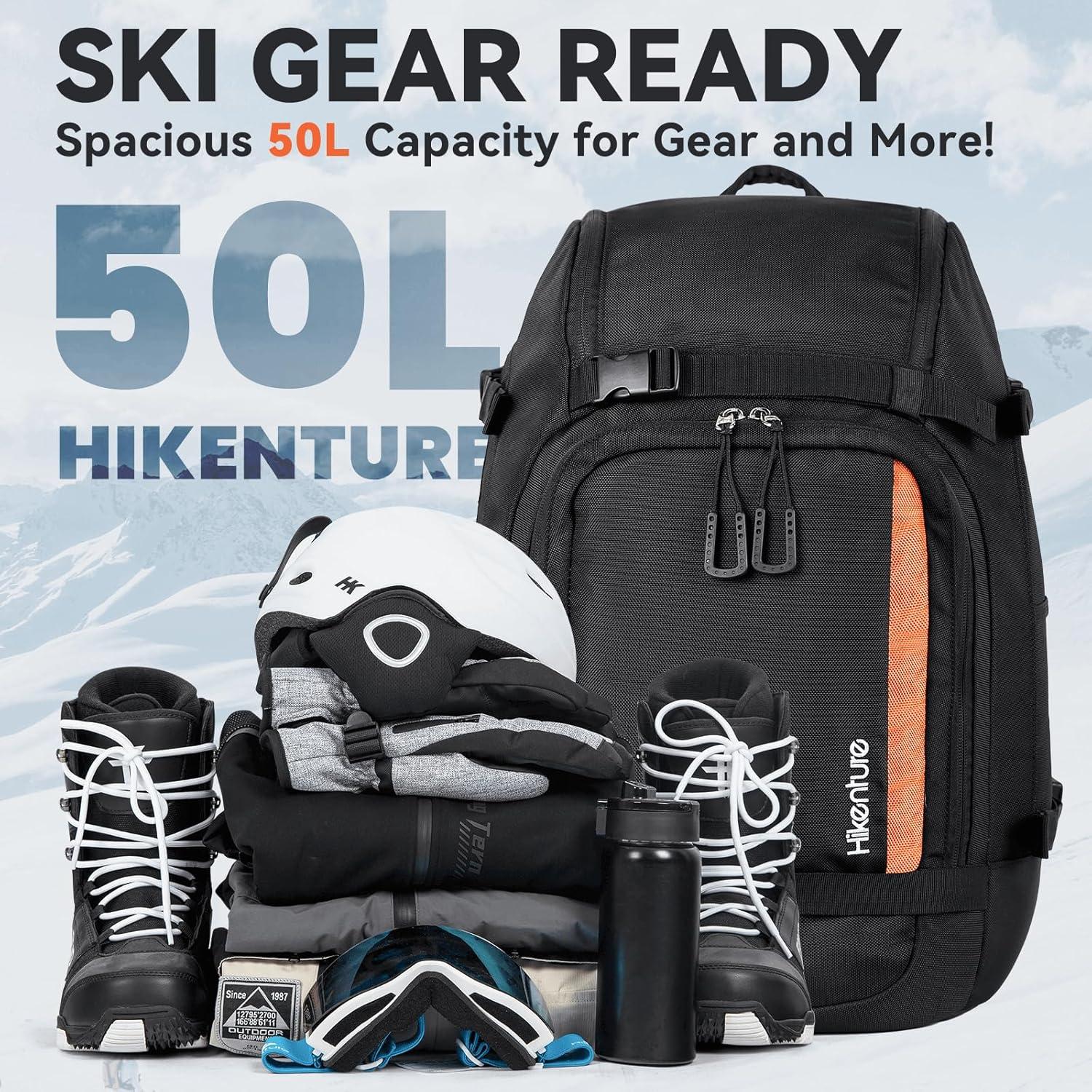 imageHikenture Ski Boot Bag Backpack 50L Padded Ski Bag ampamp Snowboard Boot Bag with Drain Holes Large Capacity WaterResistant Ski Travel Bag for Ski Boots Helmet Goggles Clothes Gloves Snowboard GearOrange