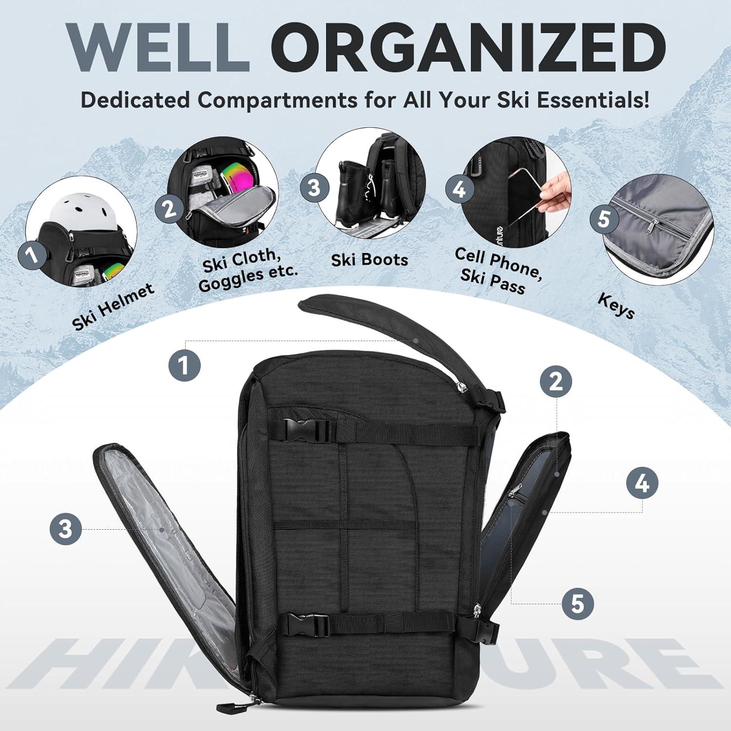 imageHikenture Ski Boot Bag Backpack 50L Padded Ski Bag ampamp Snowboard Boot Bag with Drain Holes Large Capacity WaterResistant Ski Travel Bag for Ski Boots Helmet Goggles Clothes Gloves Snowboard GearBlack