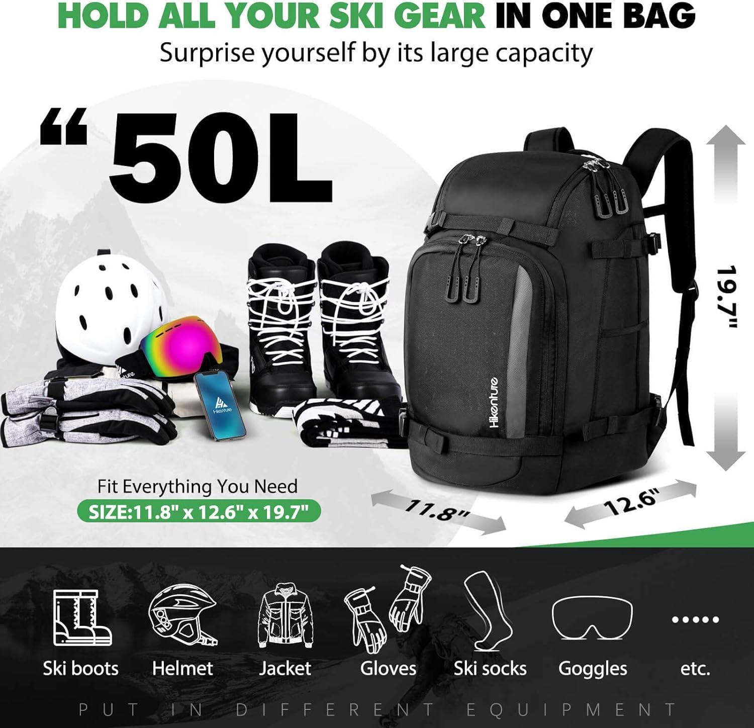 imageHikenture Ski Boot Bag Backpack 50L Padded Ski Bag ampamp Snowboard Boot Bag with Drain Holes Large Capacity WaterResistant Ski Travel Bag for Ski Boots Helmet Goggles Clothes Gloves Snowboard GearGrey