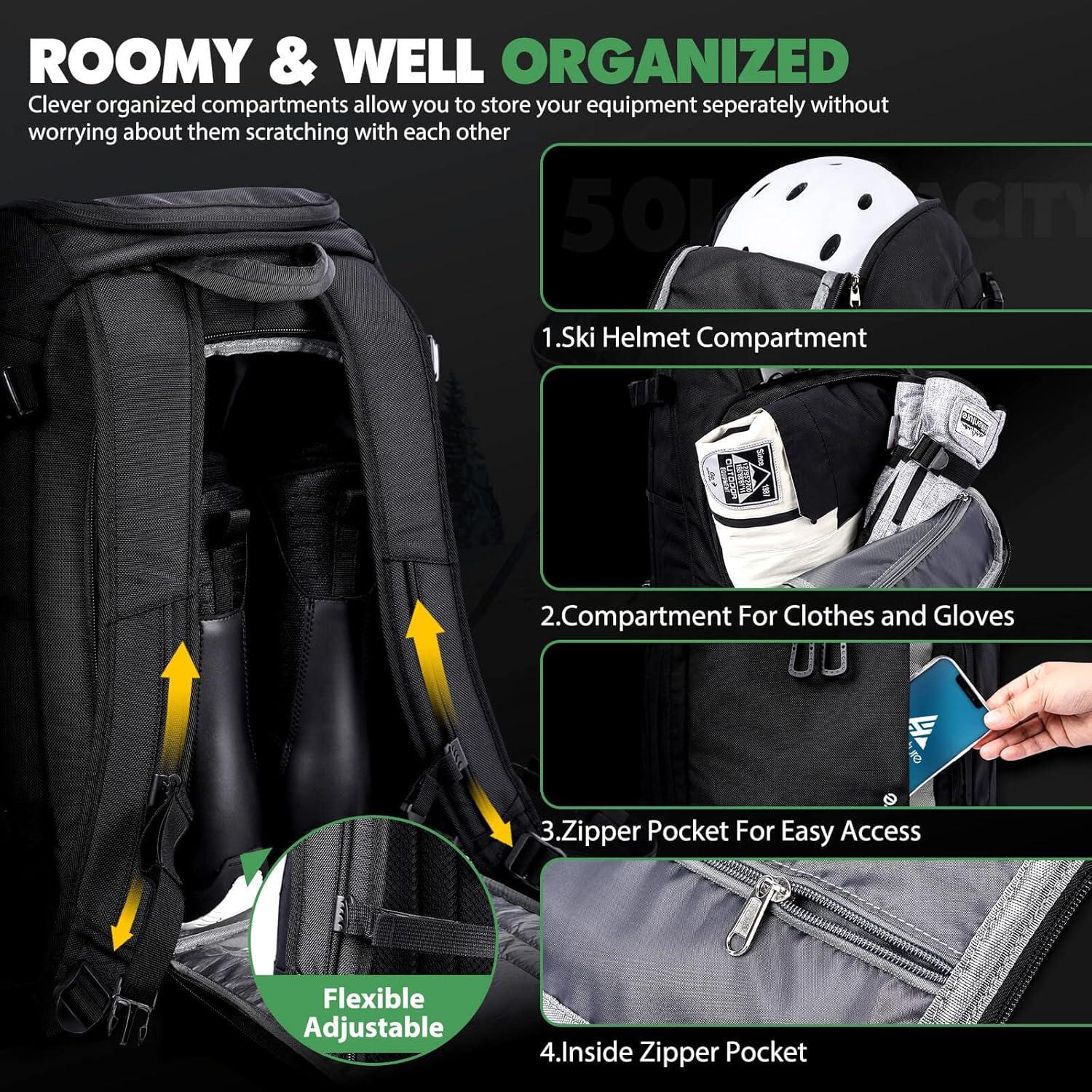 imageHikenture Ski Boot Bag Backpack 50L Padded Ski Bag ampamp Snowboard Boot Bag with Drain Holes Large Capacity WaterResistant Ski Travel Bag for Ski Boots Helmet Goggles Clothes Gloves Snowboard GearGrey