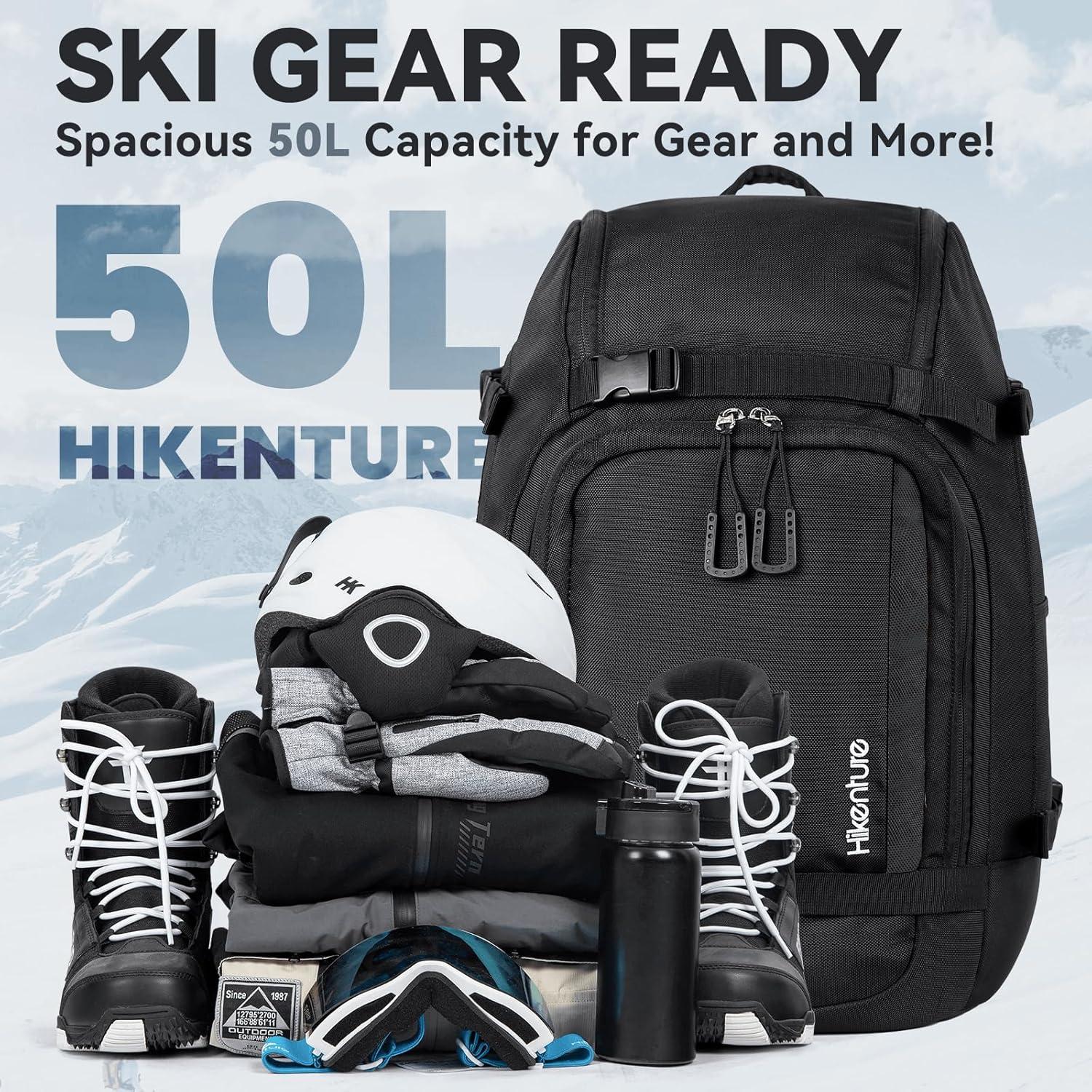imageHikenture Ski Boot Bag Backpack 50L Padded Ski Bag ampamp Snowboard Boot Bag with Drain Holes Large Capacity WaterResistant Ski Travel Bag for Ski Boots Helmet Goggles Clothes Gloves Snowboard GearBlack
