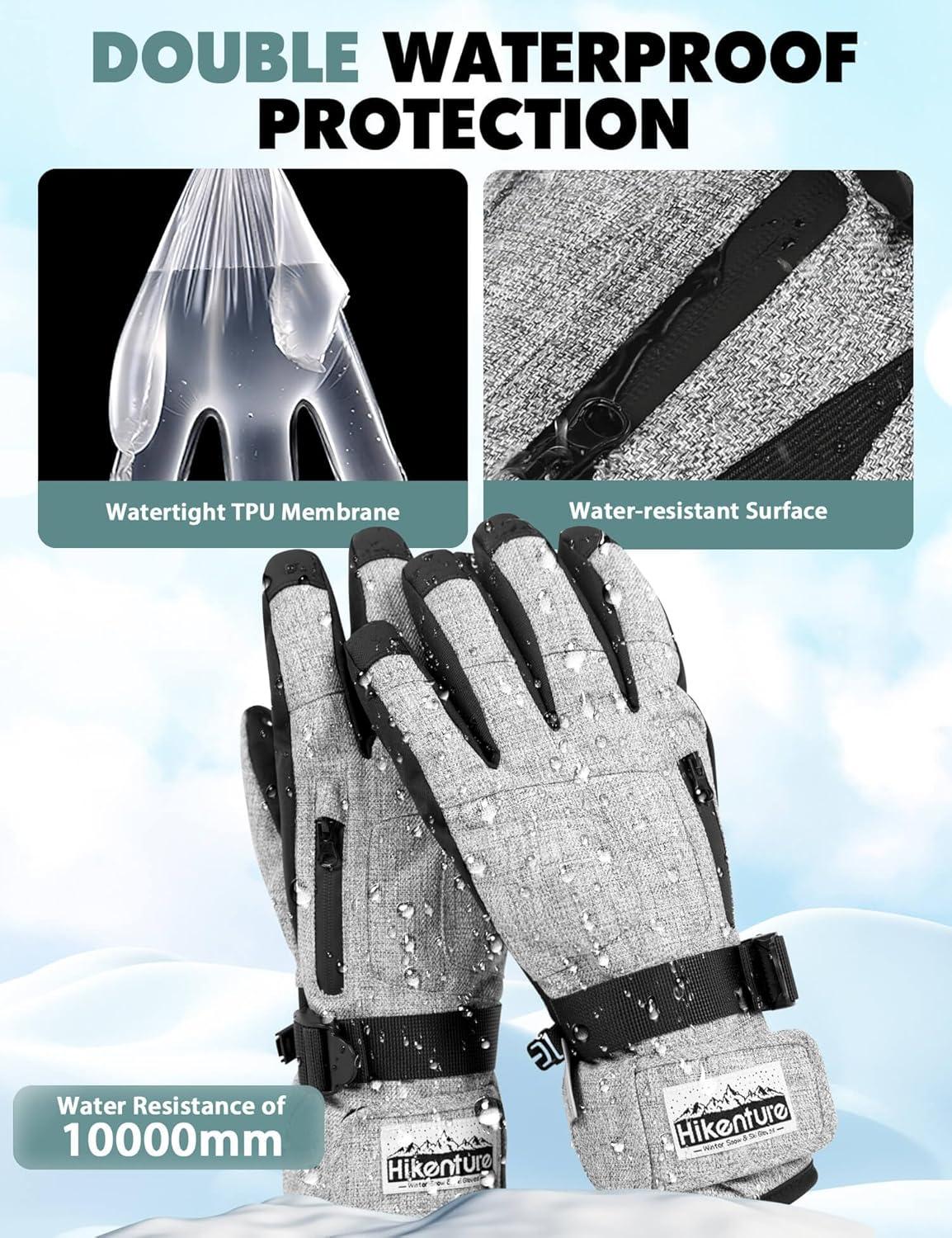imageHikenture Snow Gloves for MenampampWomen 3M Thinsulate Waterproof Skiing Gloves with Pocket and Touchscreen FunctionalityGrey