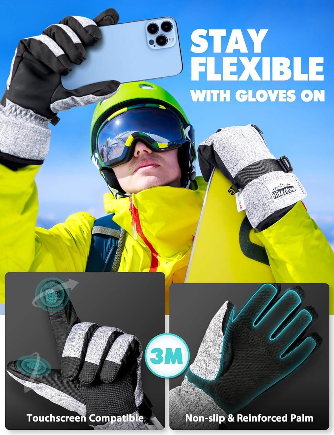 imageHikenture Snow Gloves for MenampampWomen 3M Thinsulate Waterproof Skiing Gloves with Pocket and Touchscreen FunctionalityGrey