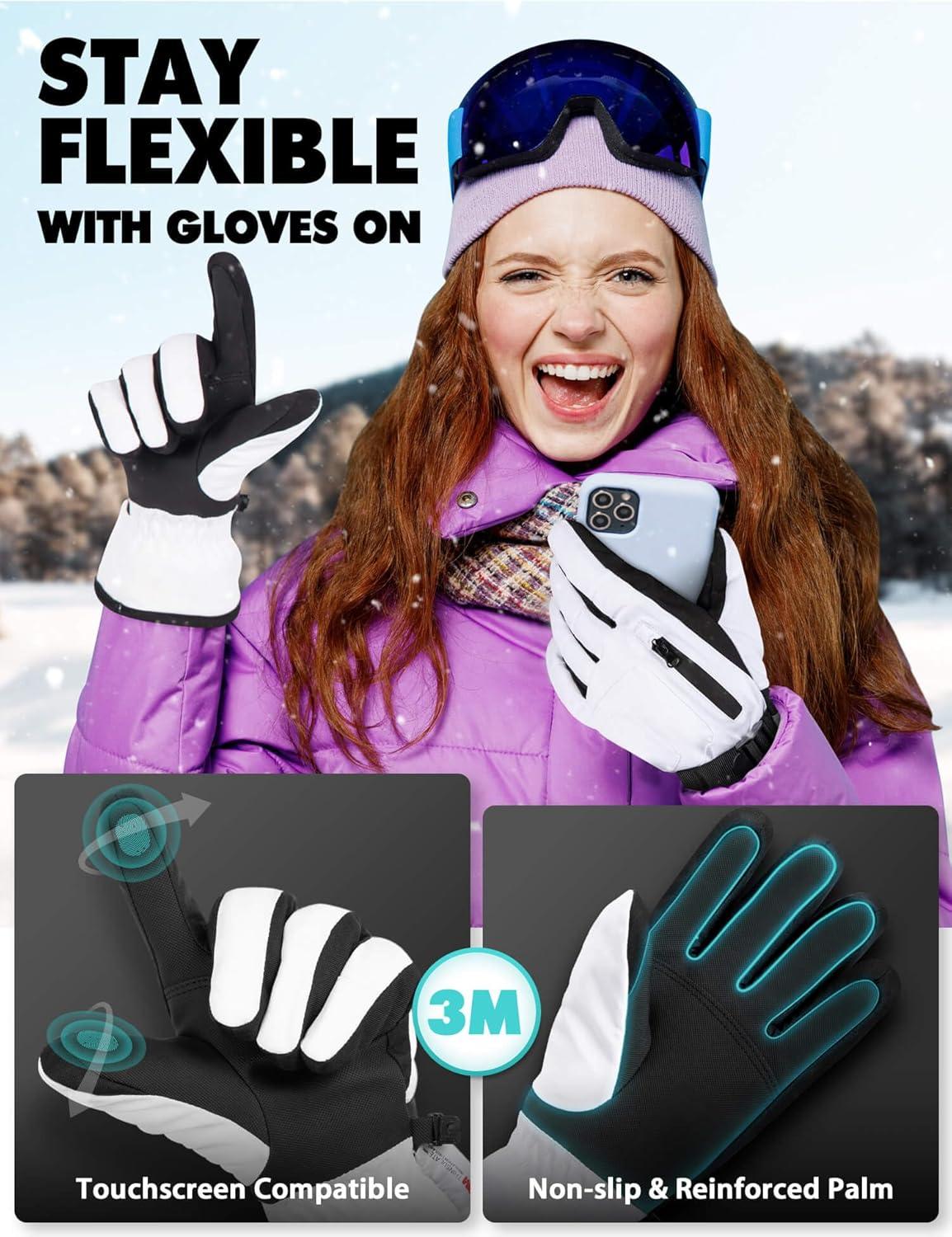 imageHikenture Snow Gloves for MenampampWomen 3M Thinsulate Waterproof Skiing Gloves with Pocket and Touchscreen FunctionalityWhite