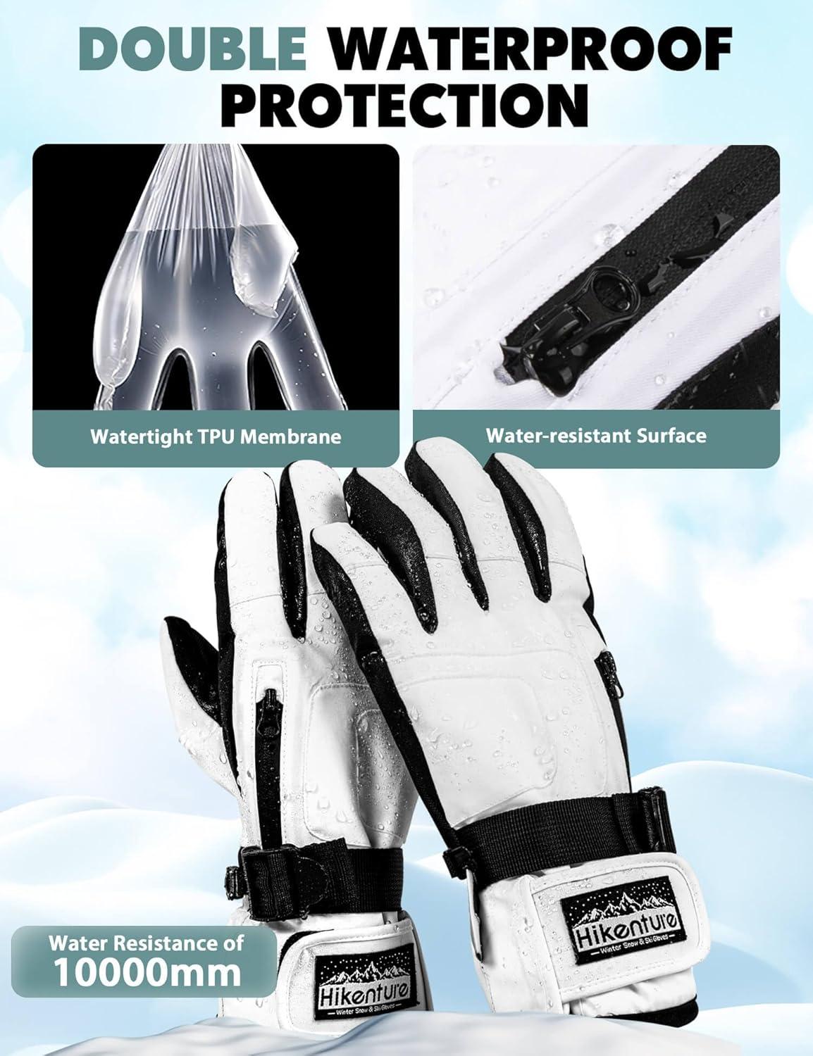imageHikenture Snow Gloves for MenampampWomen 3M Thinsulate Waterproof Skiing Gloves with Pocket and Touchscreen FunctionalityWhite