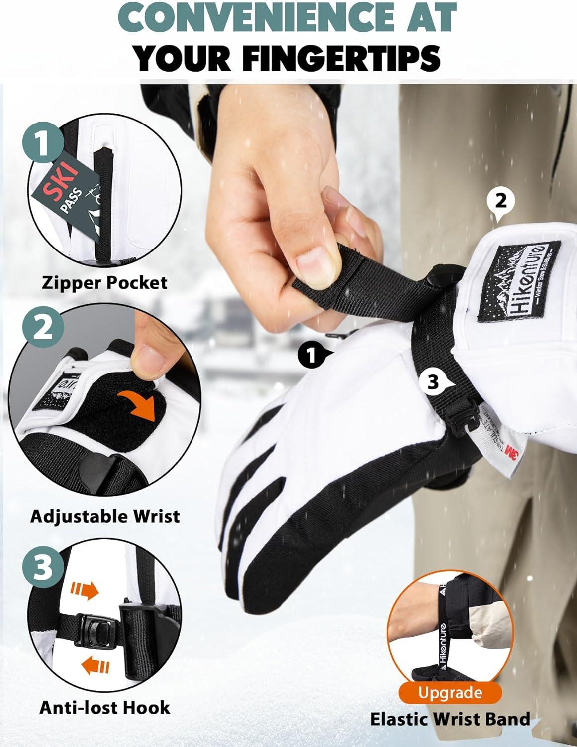 imageHikenture Snow Gloves for MenampampWomen 3M Thinsulate Waterproof Skiing Gloves with Pocket and Touchscreen FunctionalityWhite