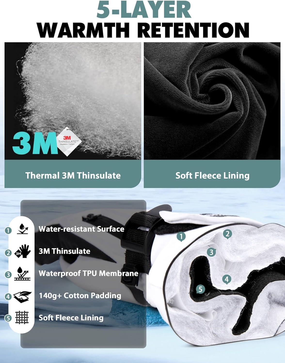 imageHikenture Snow Gloves for MenampampWomen 3M Thinsulate Waterproof Skiing Gloves with Pocket and Touchscreen FunctionalityWhite