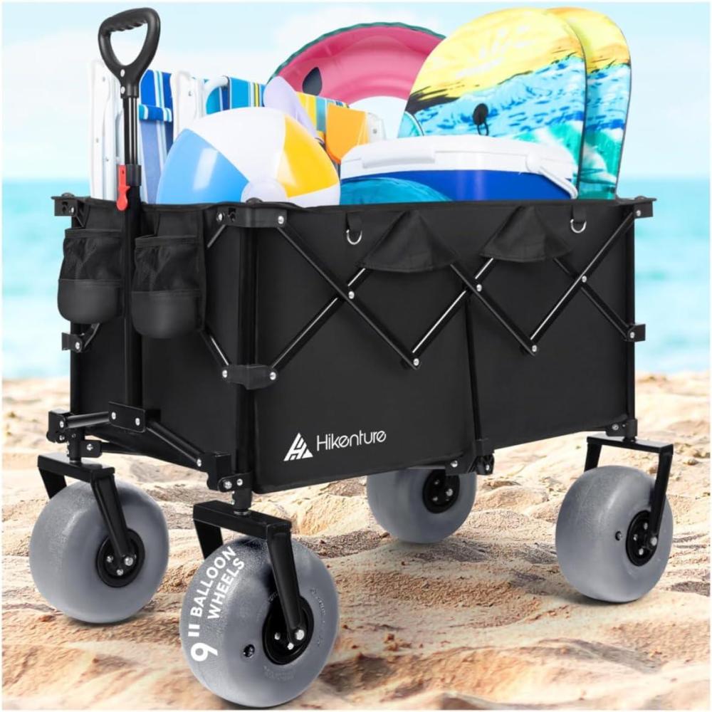 imageHikenture Beach Wagon with Balloon Wheels 9quot PU Tires Collapsible Wagon 308lbs Heavy Duty Beach Cart with Big Wheels for Sand Large Capacity Utility Wagons Carts Foldable Grey Wheels