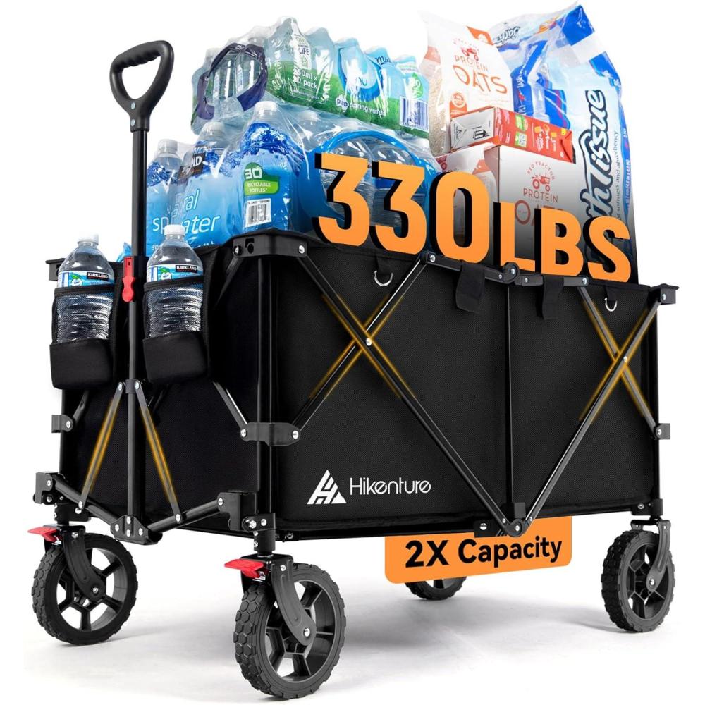 imageHikenture Collapsible Wagon  330LBS Capacity Extra Large Foldable Wagon with AllTerrain Wheels Utility Beach Cart for Outdoor GardenBlack