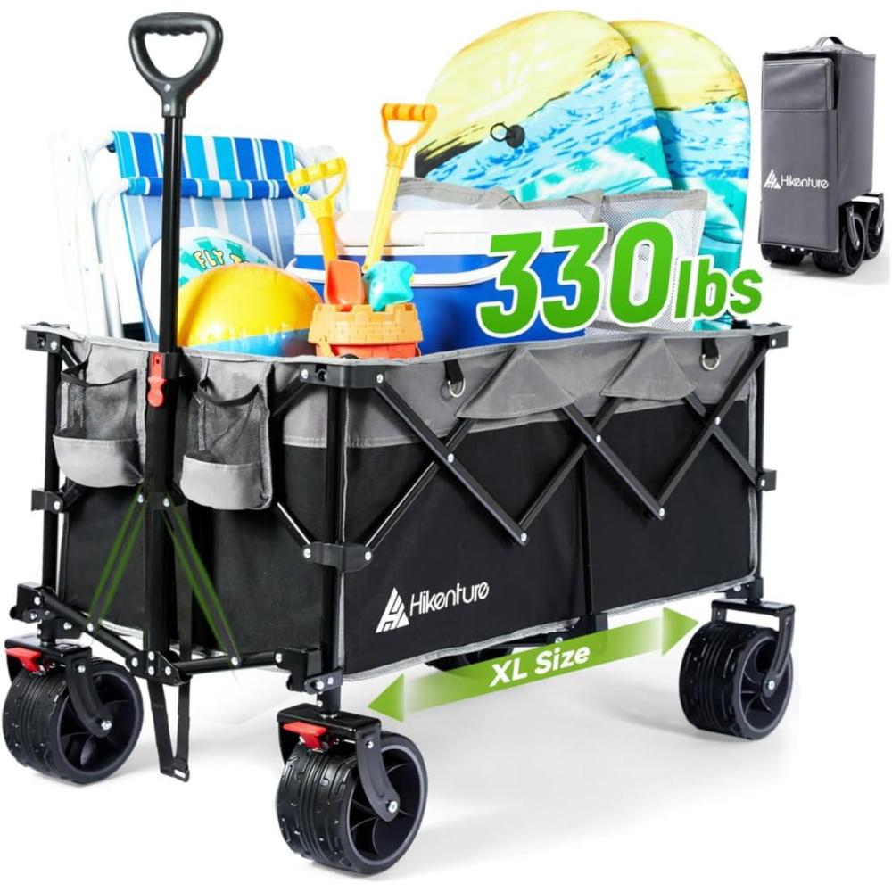 imageHikenture Collapsible Wagon Cart 330lbs Capacity Beach Wagons with Big Wheels for Sand Heavy Duty Foldable Cart with Brakes Portable Utility Folding Garden Cart for OutdoorBlackgrey
