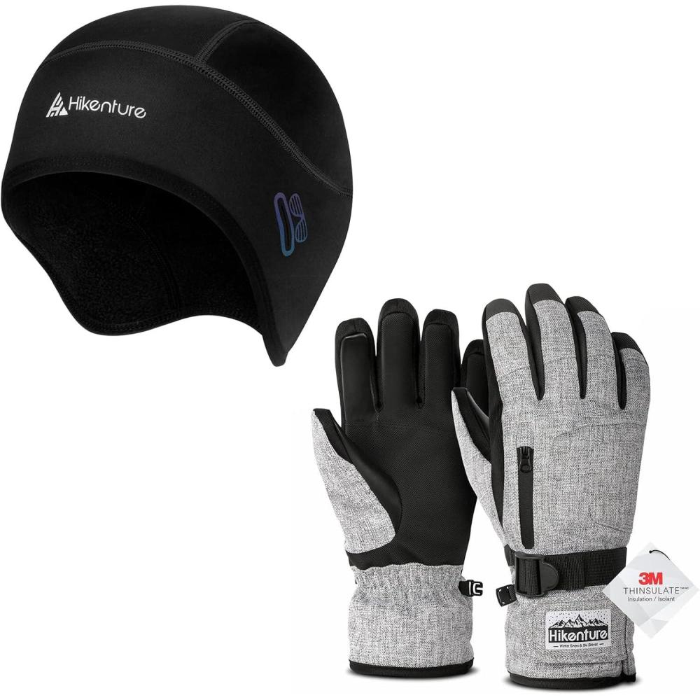 imageHikenture Skull Cap Helmet Liner and Ski Gloves for Winter Thermal Cycling Cap and 3M Thinsulate Waterproof Snowboard Gloves for Men ampamp Women Cycling Hat and Touchscreen Snowmobile Gloves Size L