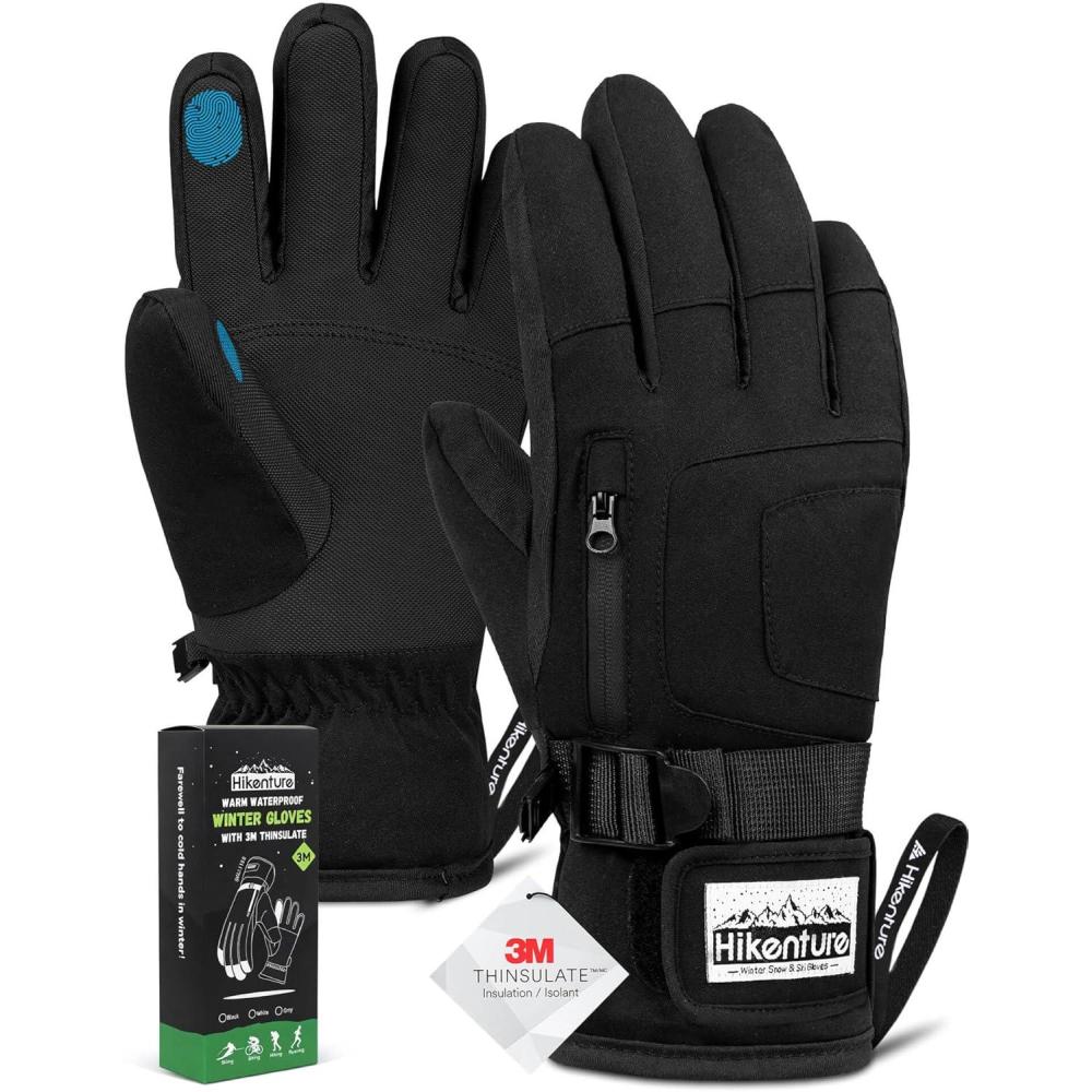 imageHikenture Snow Gloves for MenampampWomen 3M Thinsulate Waterproof Skiing Gloves with Pocket and Touchscreen FunctionalityBlack