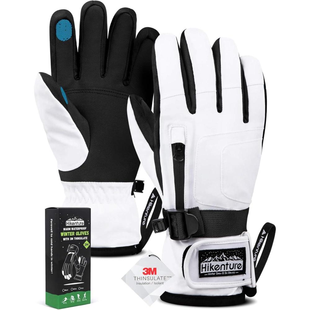 imageHikenture Snow Gloves for MenampampWomen 3M Thinsulate Waterproof Skiing Gloves with Pocket and Touchscreen FunctionalityWhite