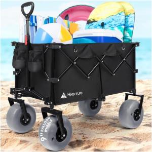 Hikenture Beach Wagon with Balloon Wheels, 9″ PU Tires Collapsible Wagon, 308lbs Heavy Duty Beach Cart with Big Wheels for Sand, Large Capacity Utility Wagons Carts Foldable (Grey Wheels)