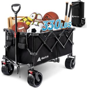 Hikenture Collapsible Wagon Cart, 330lbs Capacity Beach Wagons with Big Wheels for Sand, Heavy Duty Foldable Cart with Brakes, Portable Utility Folding Garden Cart for Outdoor(Black)
