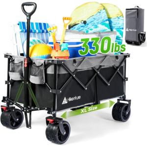 Hikenture Collapsible Wagon Cart, 330lbs Capacity Beach Wagons with Big Wheels for Sand, Heavy Duty Foldable Cart with Brakes, Portable Utility Folding Garden Cart for Outdoor(Black&grey)