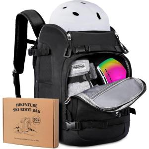 Hikenture Ski Boot Bag Backpack, 50L Padded Ski Bag & Snowboard Boot Bag with Drain Holes, Large Capacity Water-Resistant Ski Travel Bag for Ski Boots, Helmet, Goggles, Clothes, Gloves, Snowboard Gear(Grey)