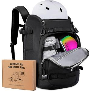 Hikenture Ski Boot Bag Backpack, 50L Padded Ski Bag & Snowboard Boot Bag with Drain Holes, Large Capacity Water-Resistant Ski Travel Bag for Ski Boots, Helmet, Goggles, Clothes, Gloves, Snowboard Gear(Black)