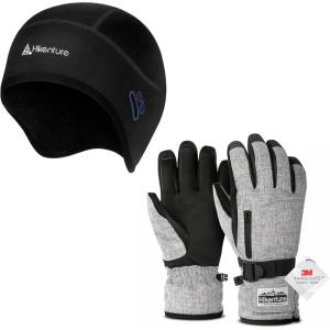 Hikenture Skull Cap Helmet Liner and Ski Gloves for Winter, Thermal Cycling Cap and 3M Thinsulate Waterproof Snowboard Gloves for Men & Women, Cycling Hat and Touchscreen Snowmobile Gloves (Size: M)