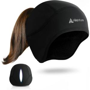 Hikenture Womens Skull Cap with Ponytail Hole,Winter Running Beanie Hat Cold Weather Thermal Cycling Helmet Liner with Fleece(Black)