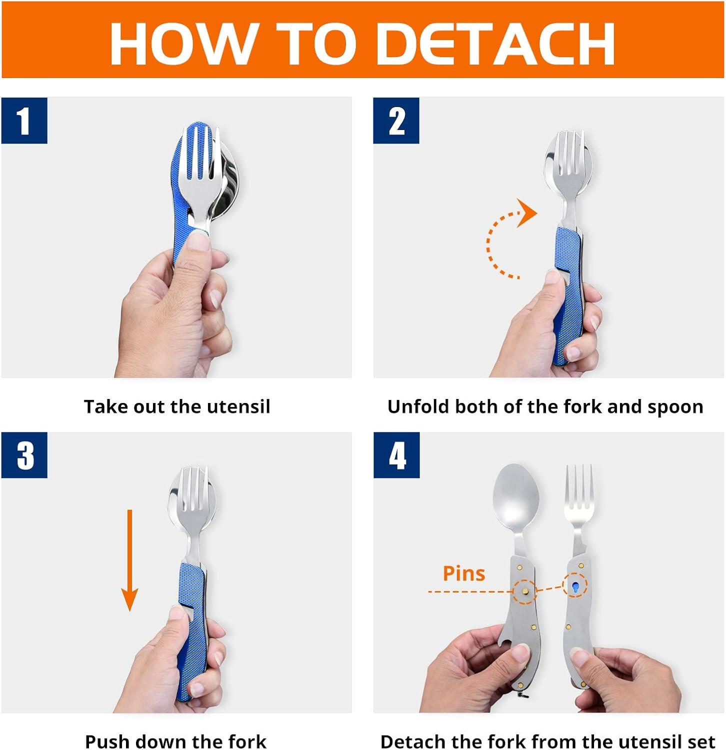 imageCamping Utensils 2 PackHIKENTURE 4in1 Stainless Steel Spoon Fork Knife and Bottle Opener Combo  Lightweight and Portable Travel Eating Silverware for Hiking Backpacking and Picnic Red 2packBlue 2 Pack