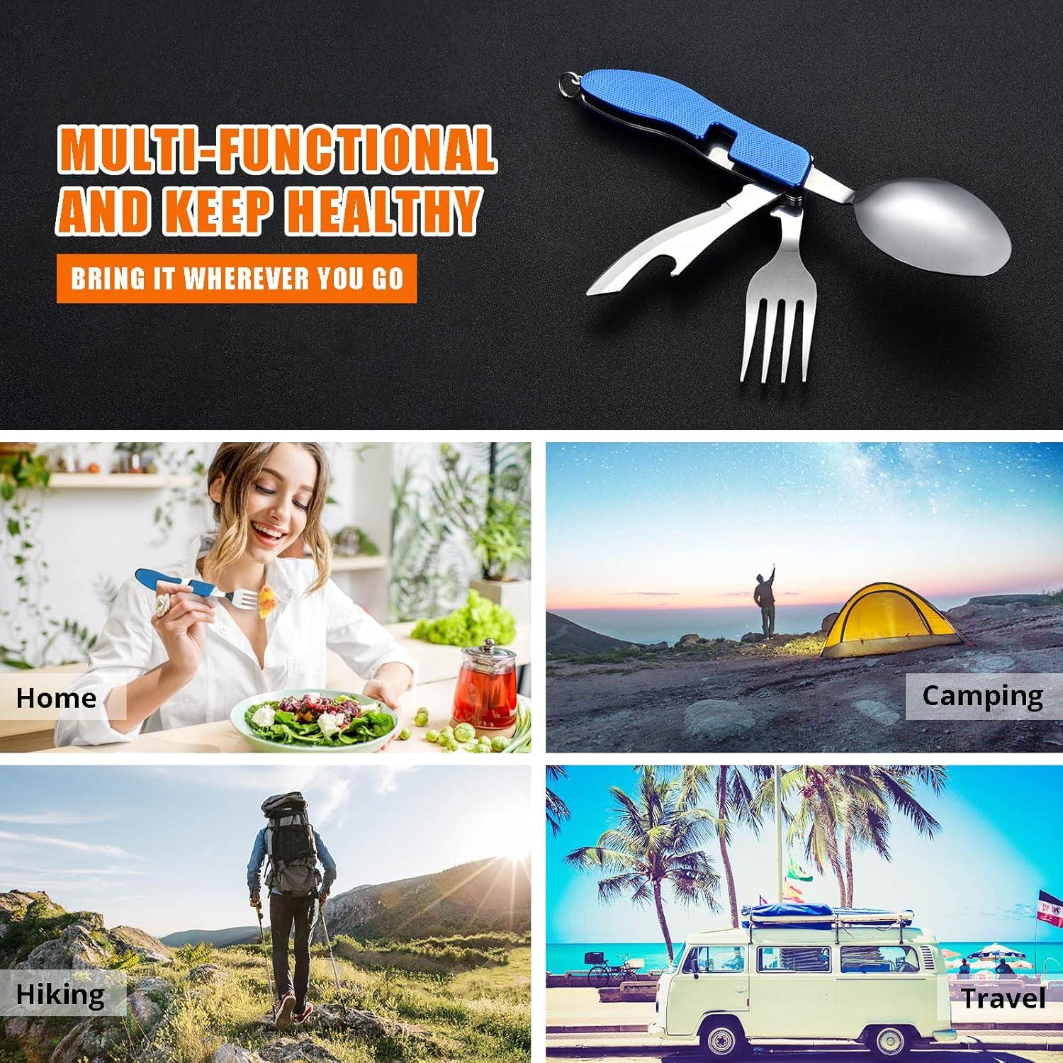 imageCamping Utensils 2 PackHIKENTURE 4in1 Stainless Steel Spoon Fork Knife and Bottle Opener Combo  Lightweight and Portable Travel Eating Silverware for Hiking Backpacking and Picnic Red 2packBlue 2 Pack