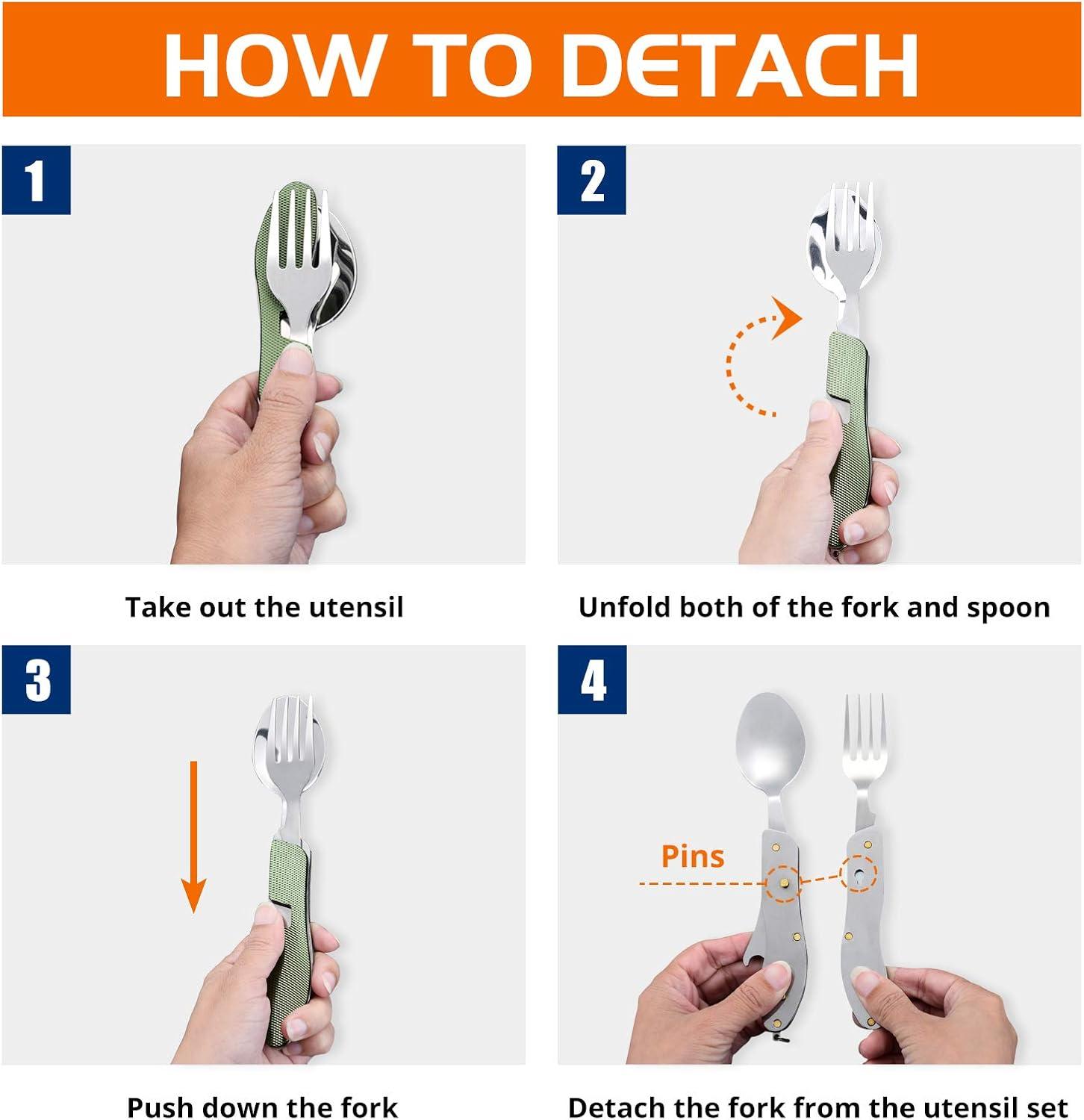 imageCamping Utensils 2 PackHIKENTURE 4in1 Stainless Steel Spoon Fork Knife and Bottle Opener Combo  Lightweight and Portable Travel Eating Silverware for Hiking Backpacking and Picnic Red 2packGreen 2 Pack