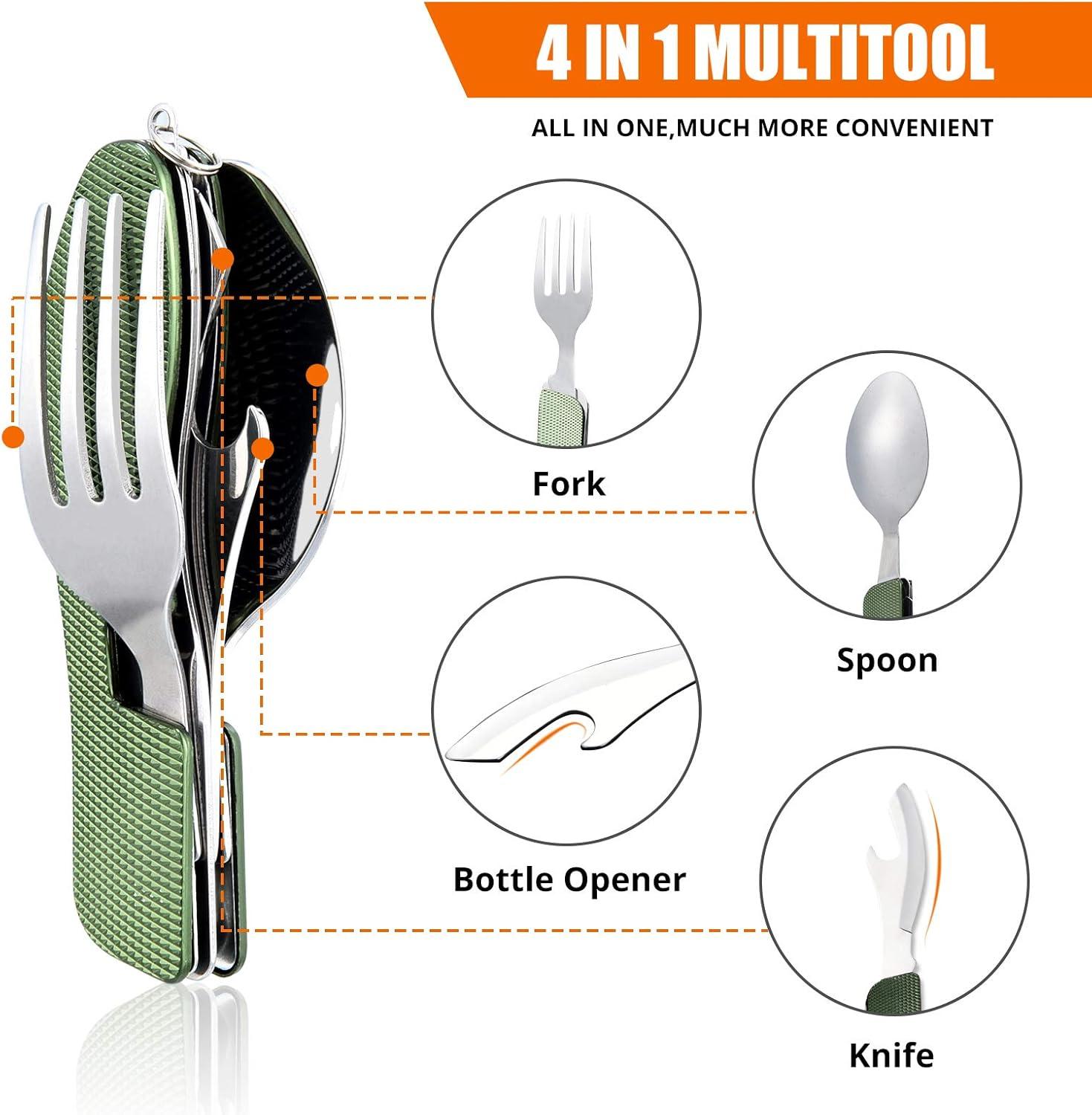 imageCamping Utensils 2 PackHIKENTURE 4in1 Stainless Steel Spoon Fork Knife and Bottle Opener Combo  Lightweight and Portable Travel Eating Silverware for Hiking Backpacking and Picnic Red 2packGreen 2 Pack