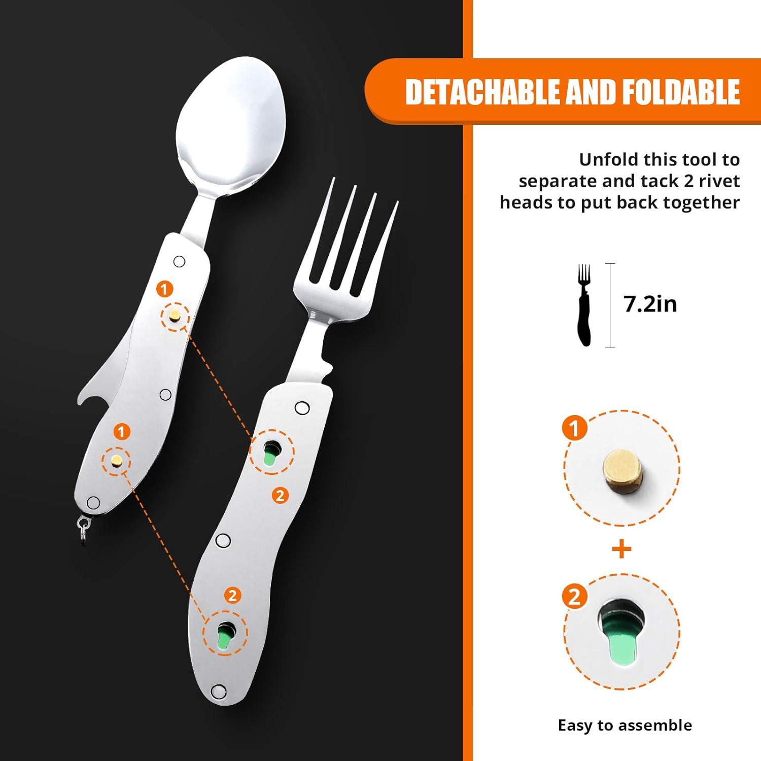 imageCamping Utensils 2 PackHIKENTURE 4in1 Stainless Steel Spoon Fork Knife and Bottle Opener Combo  Lightweight and Portable Travel Eating Silverware for Hiking Backpacking and Picnic Red 2packGreen 2 Pack