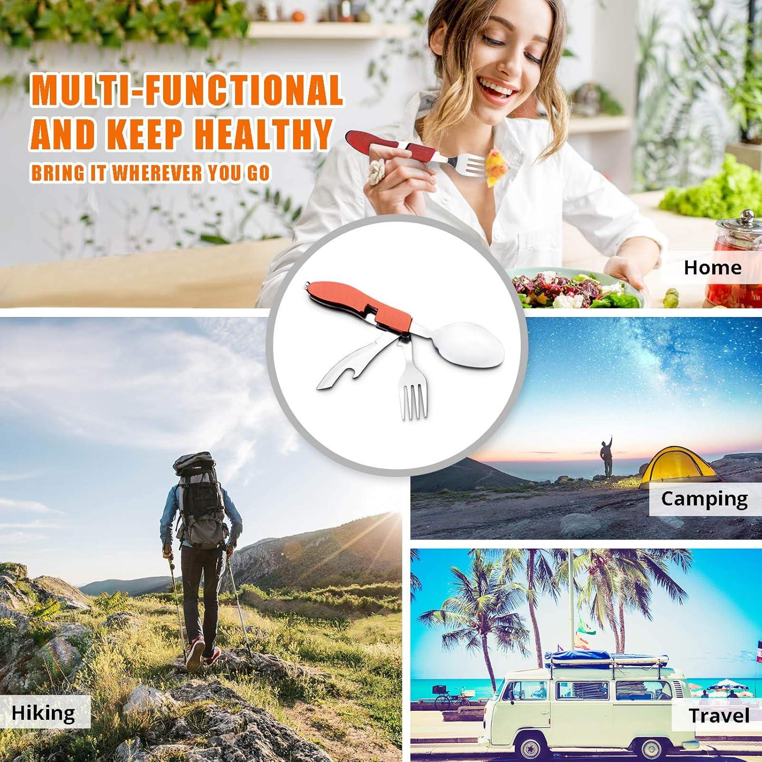 imageCamping Utensils 2 PackHIKENTURE 4in1 Stainless Steel Spoon Fork Knife and Bottle Opener Combo  Lightweight and Portable Travel Eating Silverware for Hiking Backpacking and Picnic Red 2packRed 2 Pack