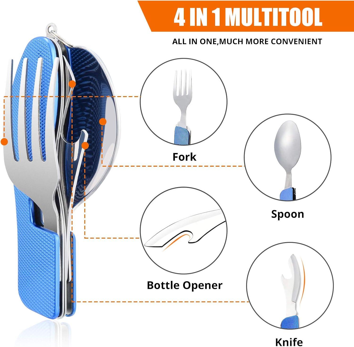 imageCamping Utensils 2 PackHIKENTURE 4in1 Stainless Steel Spoon Fork Knife and Bottle Opener Combo  Lightweight and Portable Travel Eating Silverware for Hiking Backpacking and Picnic Red 2packBlue 2 Pack