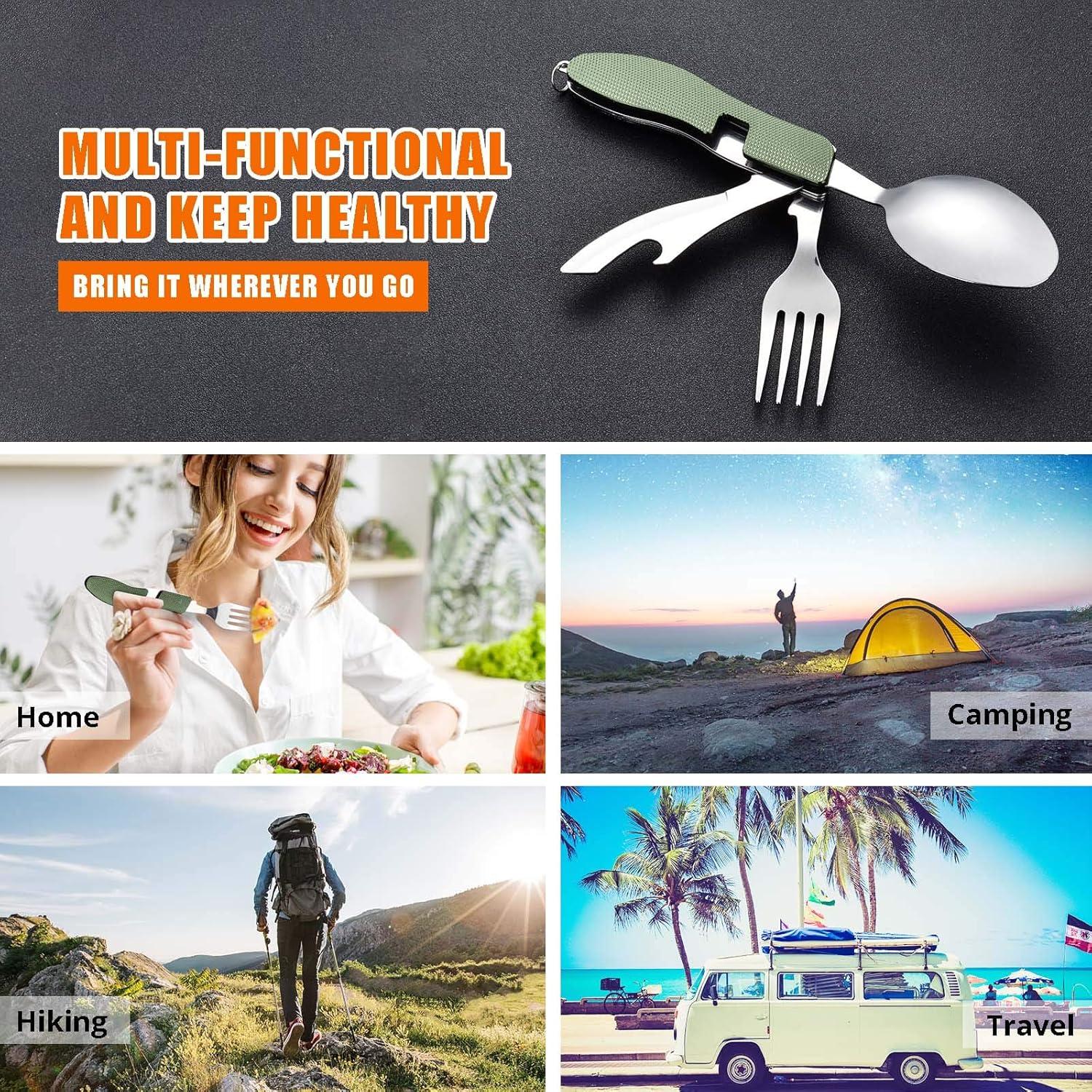 imageCamping Utensils 2 PackHIKENTURE 4in1 Stainless Steel Spoon Fork Knife and Bottle Opener Combo  Lightweight and Portable Travel Eating Silverware for Hiking Backpacking and Picnic Red 2packGreen 2 Pack