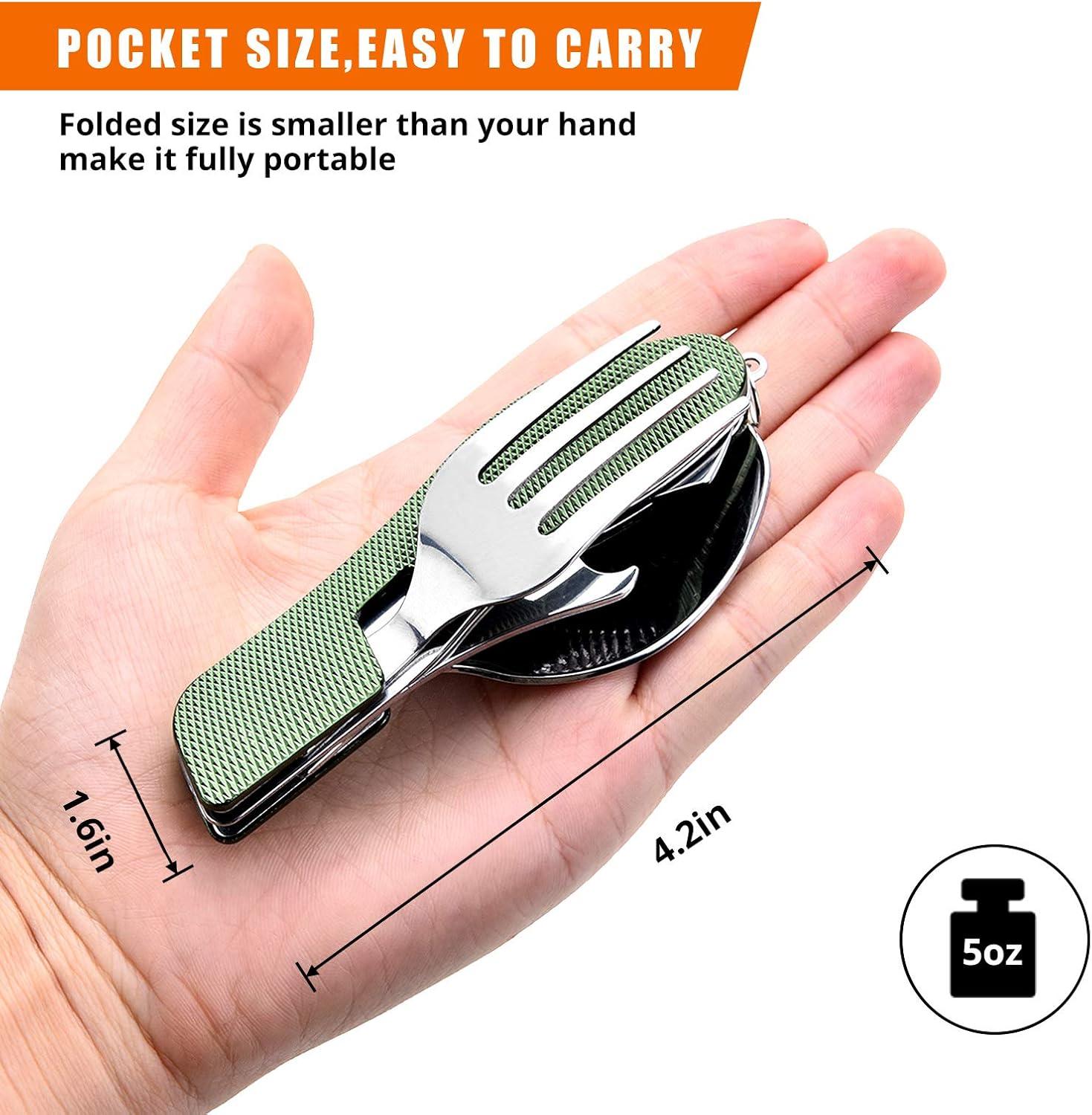 imageCamping Utensils 2 PackHIKENTURE 4in1 Stainless Steel Spoon Fork Knife and Bottle Opener Combo  Lightweight and Portable Travel Eating Silverware for Hiking Backpacking and Picnic Red 2packGreen 2 Pack