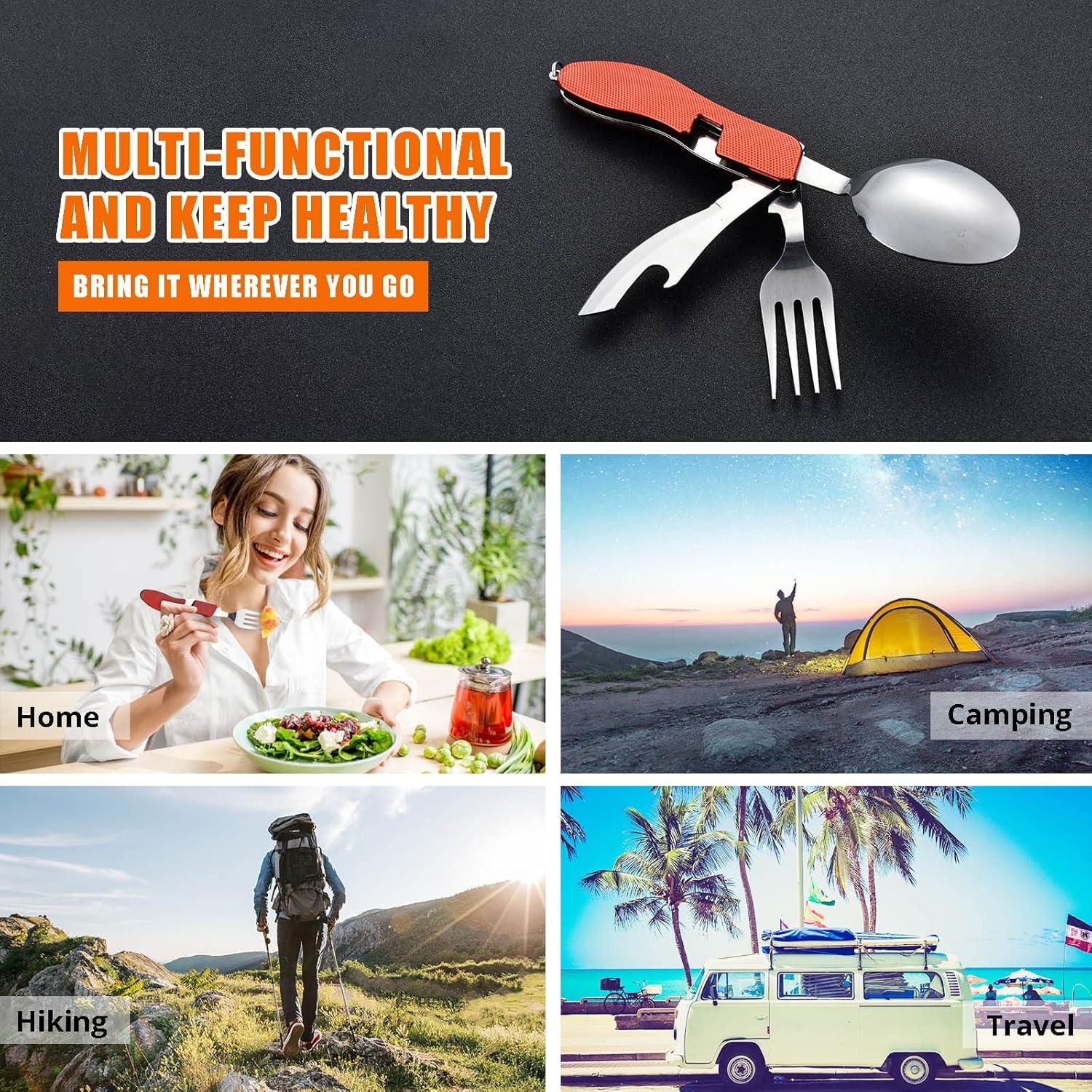 imageCamping Utensils 2 PackHIKENTURE 4in1 Stainless Steel Spoon Fork Knife and Bottle Opener Combo  Lightweight and Portable Travel Eating Silverware for Hiking Backpacking and Picnic Red 2packRed 2 Pack