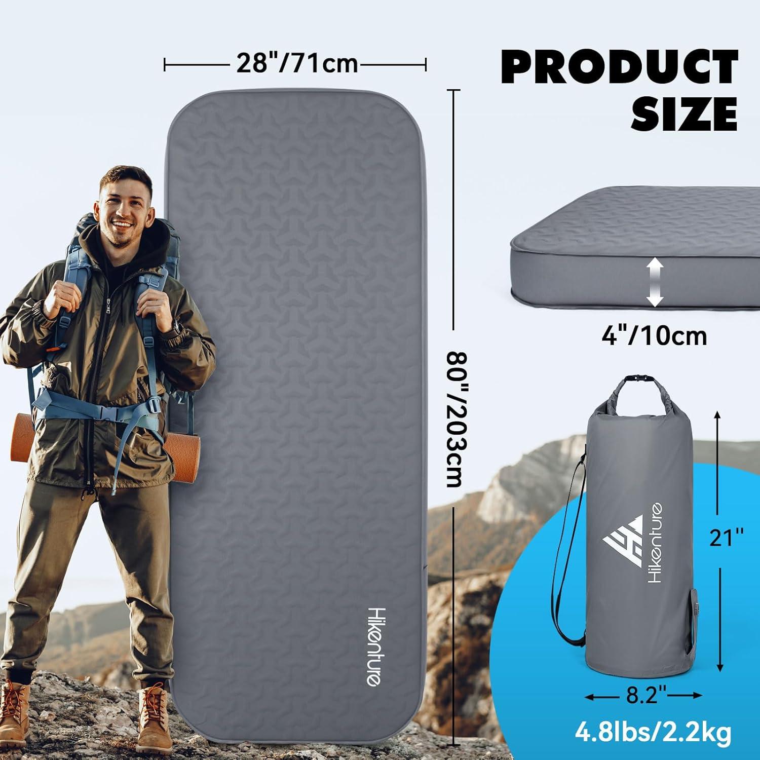 imageHikenture 4quot Thick Self Inflating Sleeping Pad Foam ampamp Air Camping Mattress 95 RValue Insulated Sleeping Mat Portable All Season Camping Pad for Tent Car Cot TruckSingle 8028