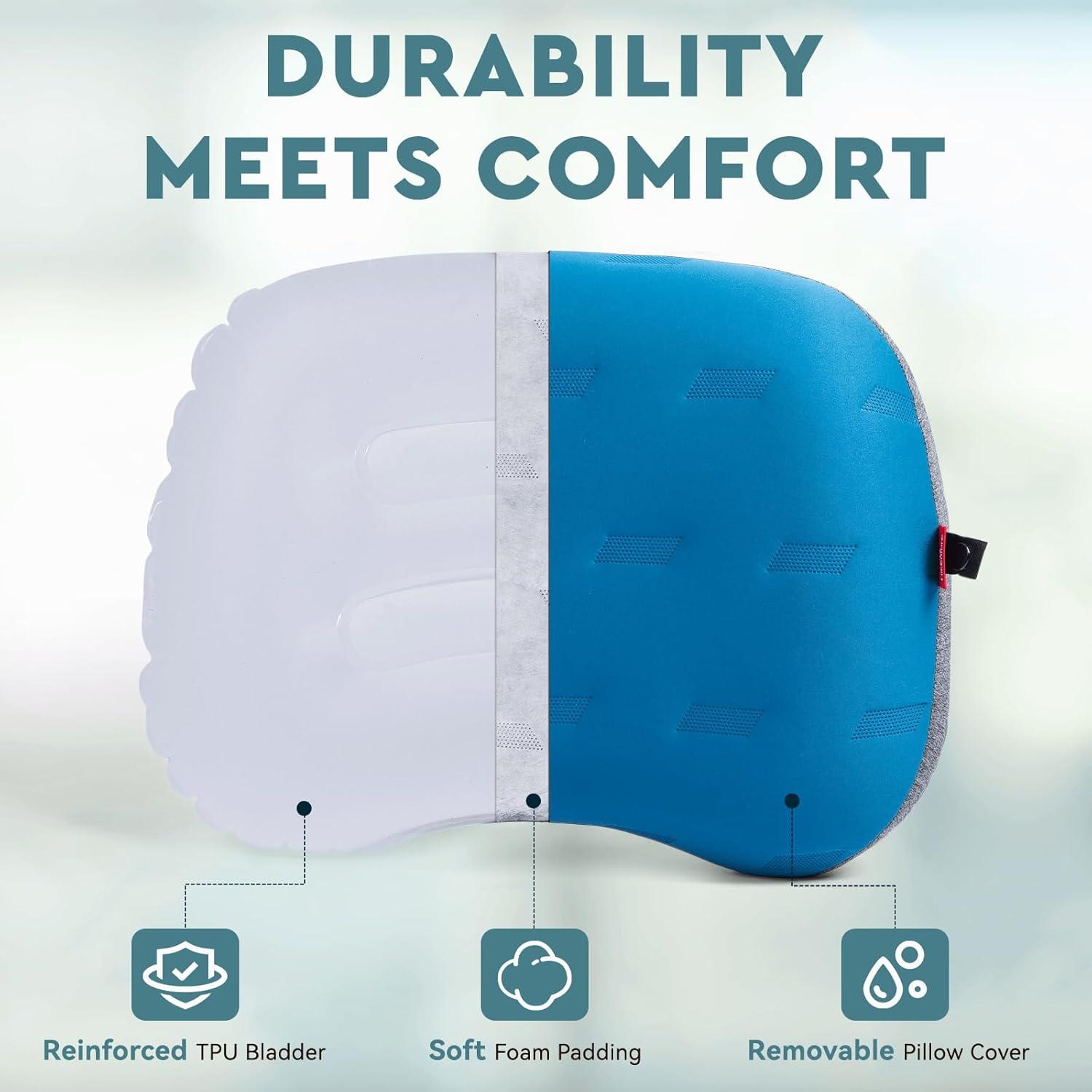 imageHikenture Camping Pillow Ultralight Inflatable Pillows with Removable Cover Compact Portable Backpacking Pillow Ergonomic Blow Up Camp Pillows Washable Air Pillow for Hiking Beach Travel GreyBlue