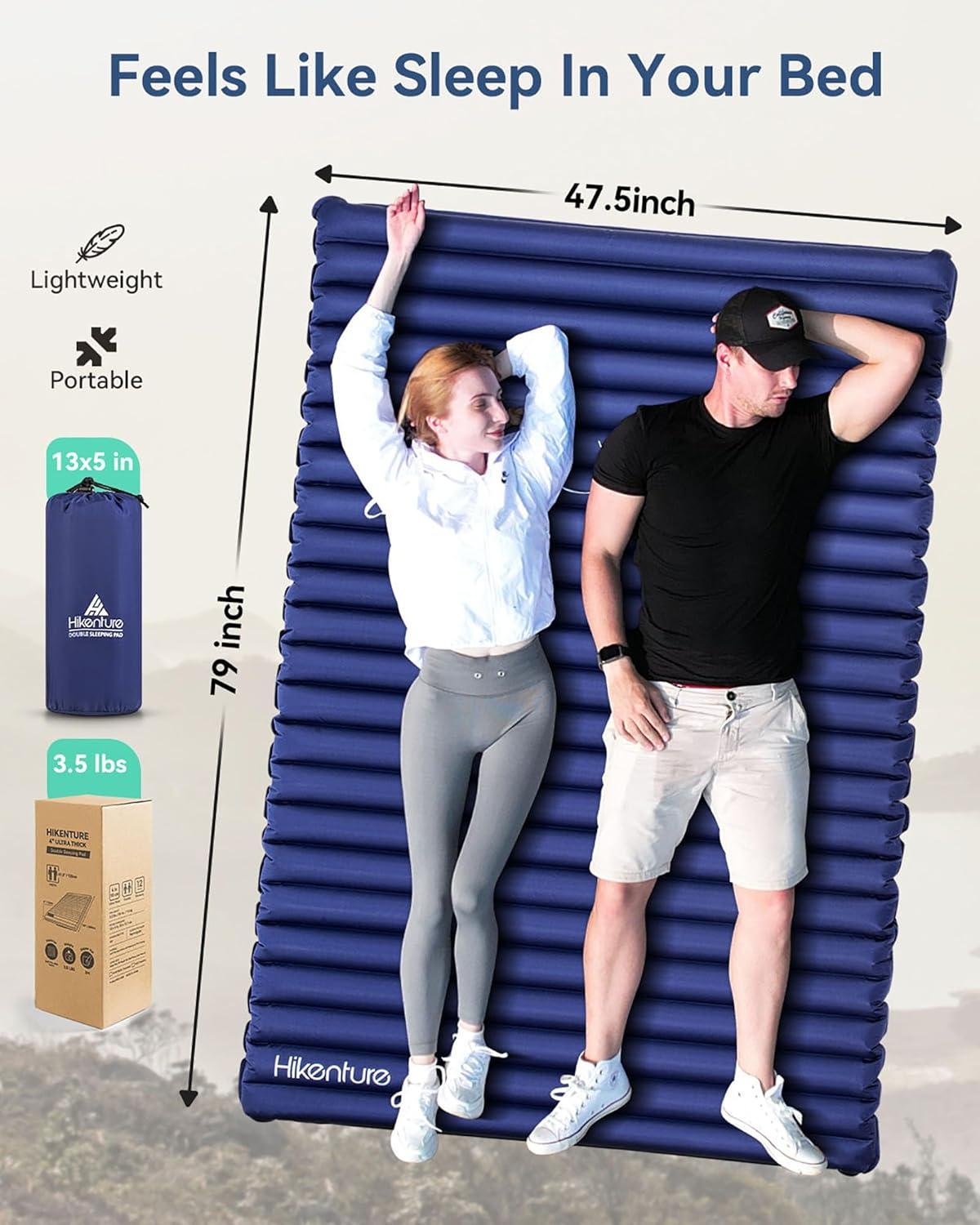 imageHikenture Double Sleeping Pad for Camping Ultralight 4quot ExtraThick Camping Mattress 2 Person Inflatable Backpacking Sleeping Mat Hiking Air Mattress for Tent Foot PumpMedium
