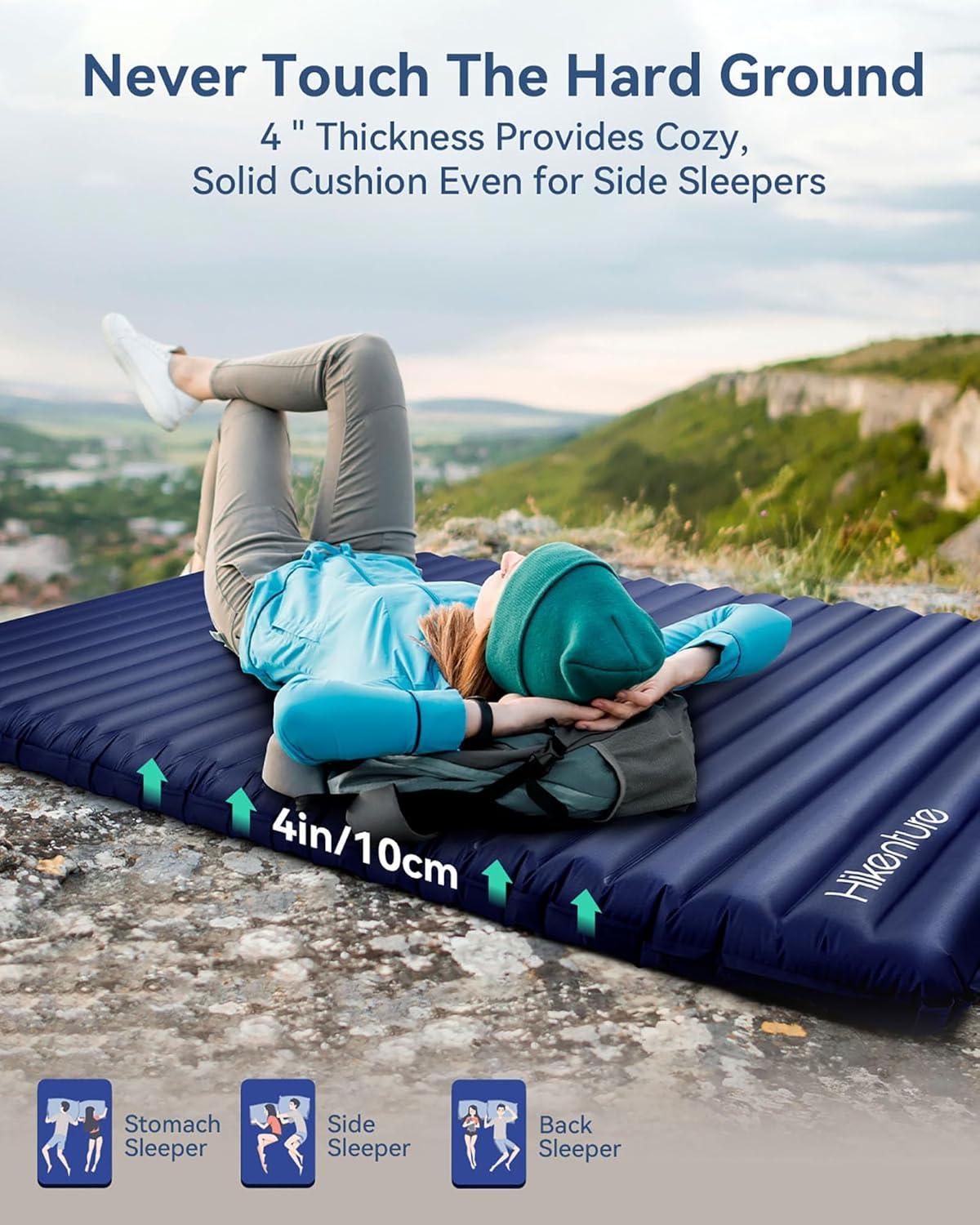 imageHikenture Double Sleeping Pad for Camping Ultralight 4quot ExtraThick Camping Mattress 2 Person Inflatable Backpacking Sleeping Mat Hiking Air Mattress for Tent Foot PumpMedium