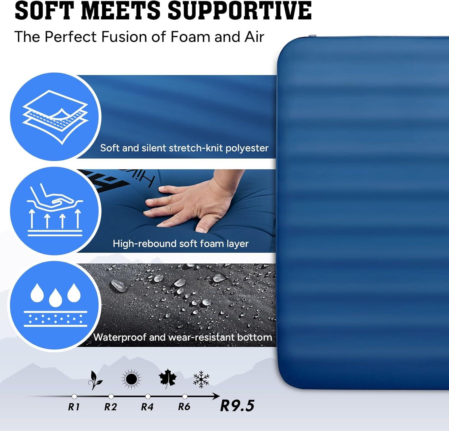 imageHikenture Extra Thick Double Self Inflating Sleeping Pad 95 R Camping Mattress 2 Person Inflatable Foam Camping Pad with Pump Sack Portable 4 in Thickness Comfort Plus Camping Mat for 4SeasonLight Blue