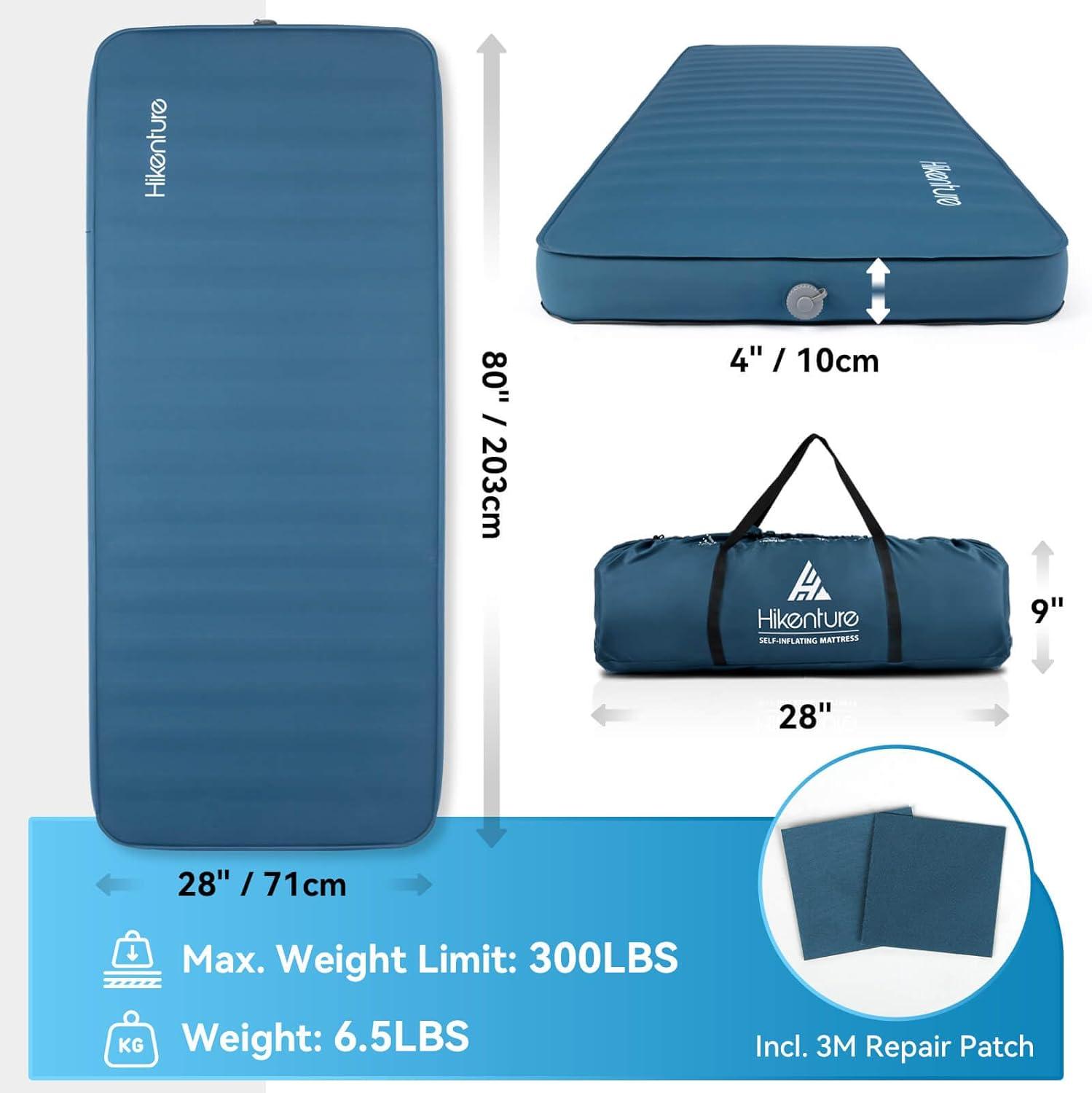 imageHikenture Extra Thick Double Self Inflating Sleeping Pad 95 R Camping Mattress 2 Person Inflatable Foam Camping Pad with Pump Sack Portable 4 in Thickness Comfort Plus Camping Mat for 4SeasonLight Blue